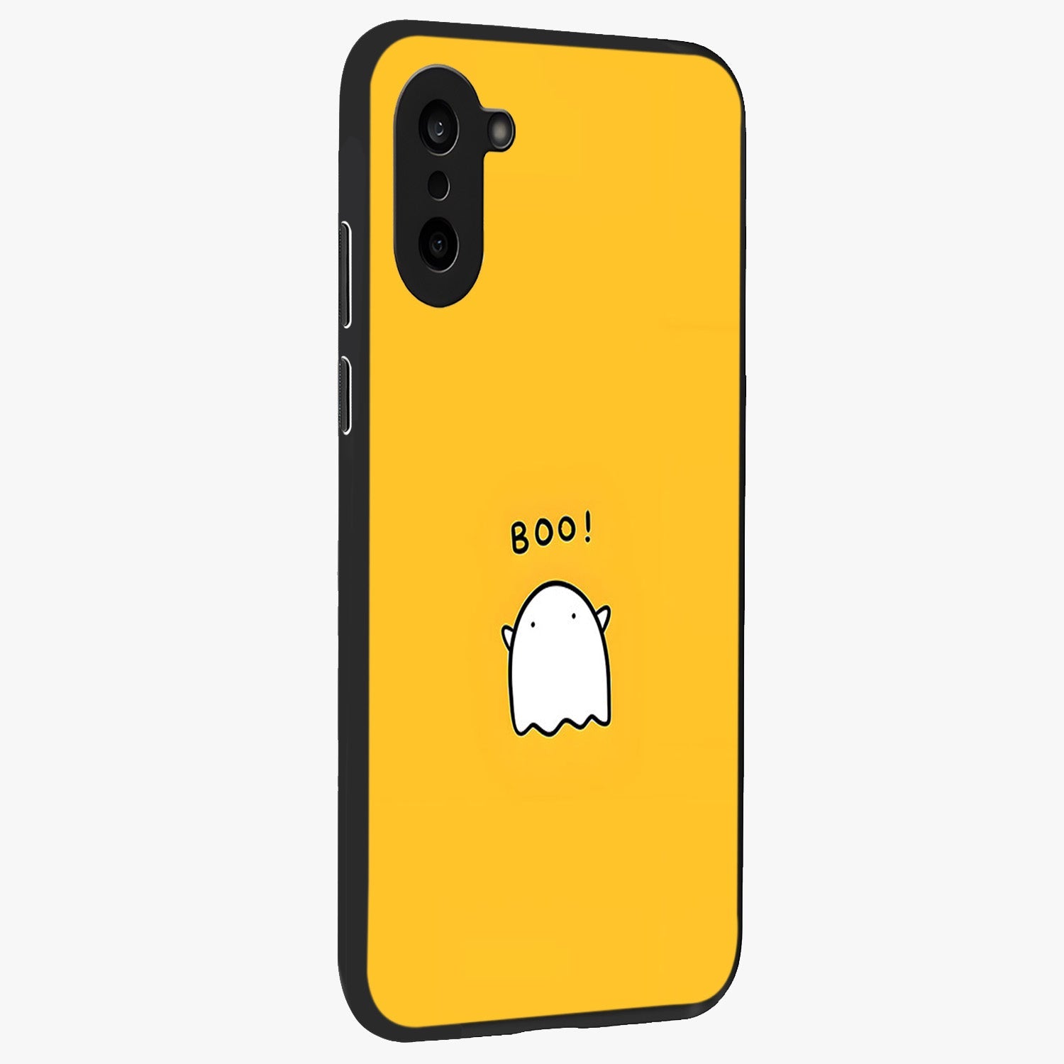 Yellow Boo Ghost Glass Case for 1+Nord CE 5 side perspective highlighting lively textures and premium edges