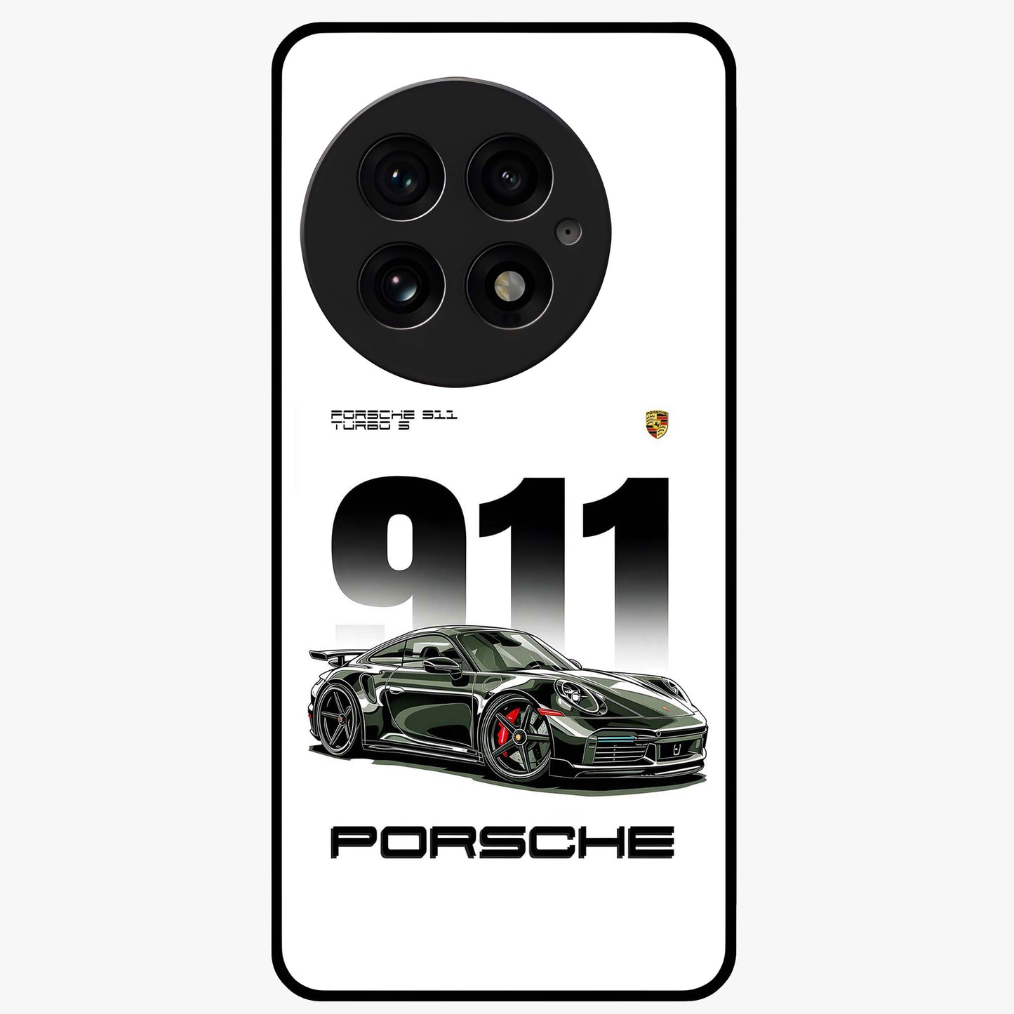 911 Turbo Dominance Glass Case for 1+13 bold front view featuring large 911 graphic and detailed green Porsche sports car artwork