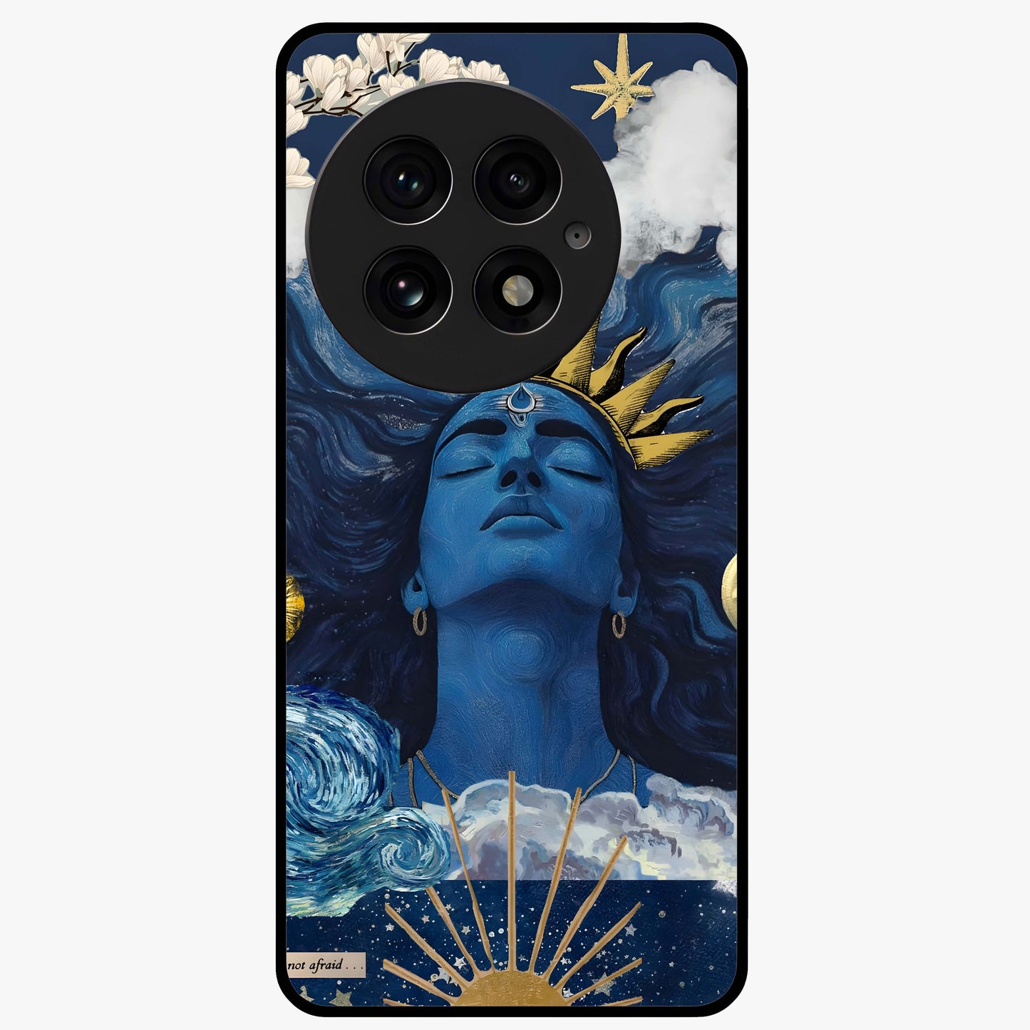 Aesthetic Lord Shiva Glass Case for 1+13 bold front view featuring detailed spiritual Shiva artwork