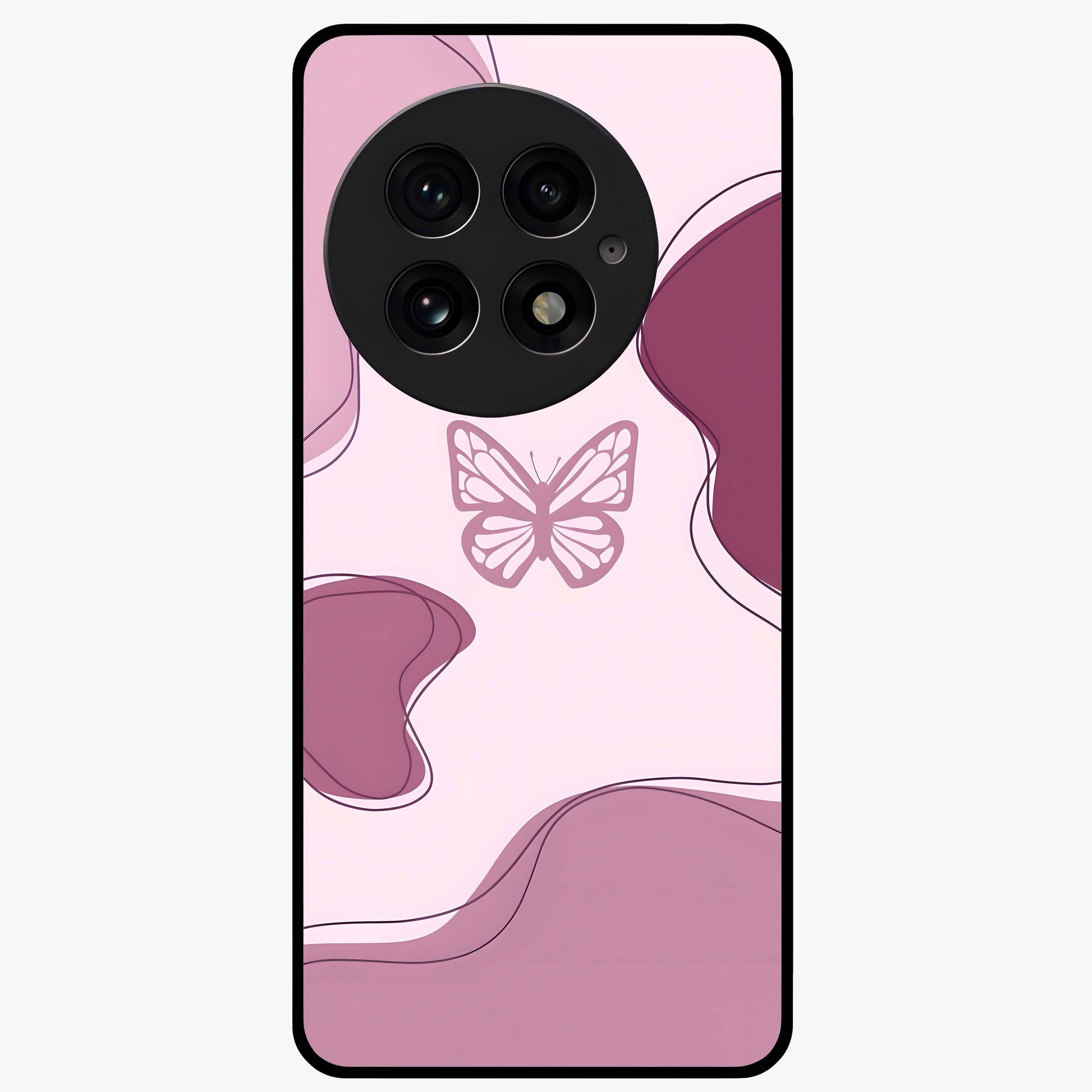 Aesthetic Pinkish Custom Name Butterfly Glass Case for 1+13 elegant front view featuring pink butterfly artwork with personalized name design