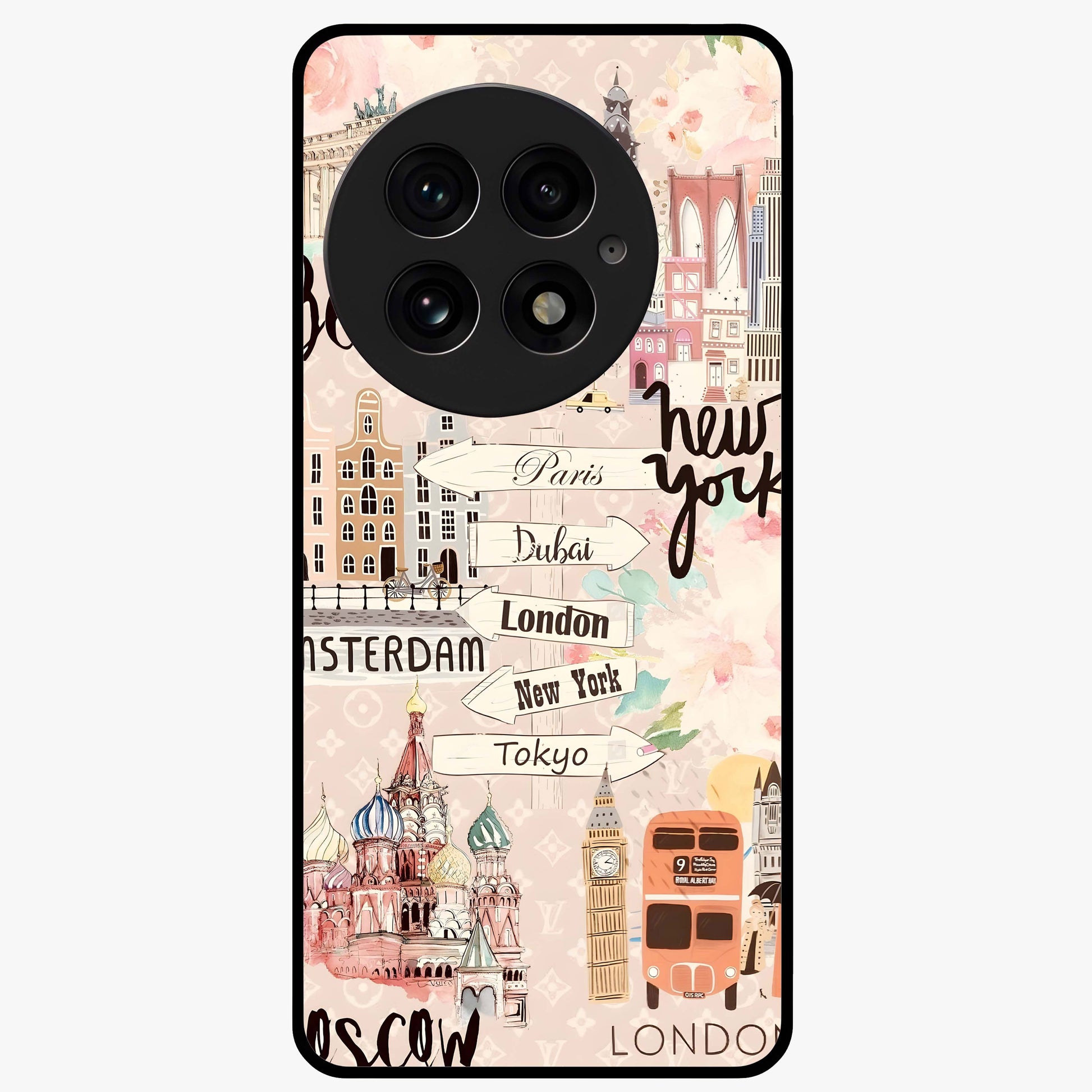 Aesthetic Travel Glass Case for 1+13 front view featuring wanderlust inspired travel artwork
