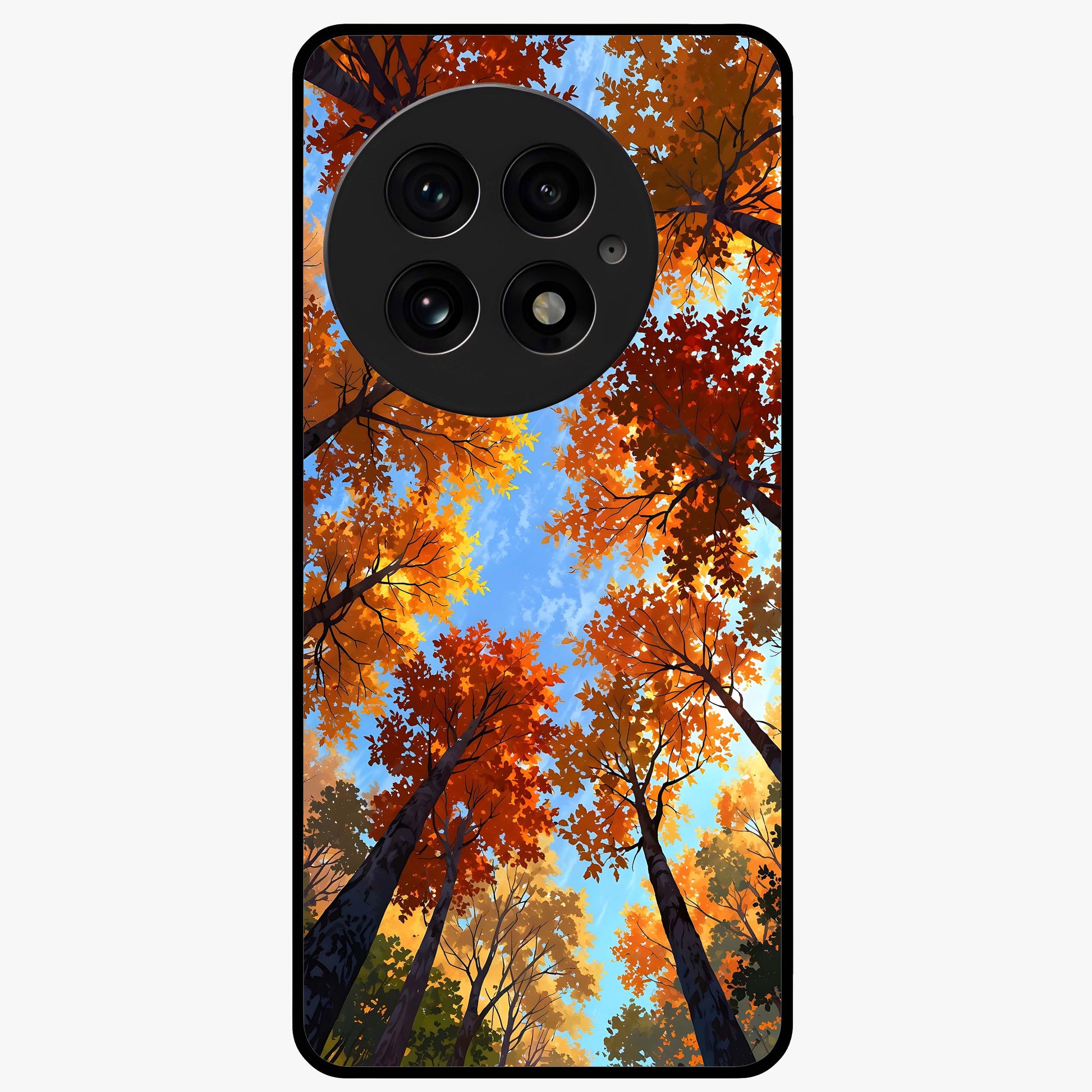 Amber Canopy Glow Glass Case for 1+13 warm front view featuring glowing forest canopy artwork