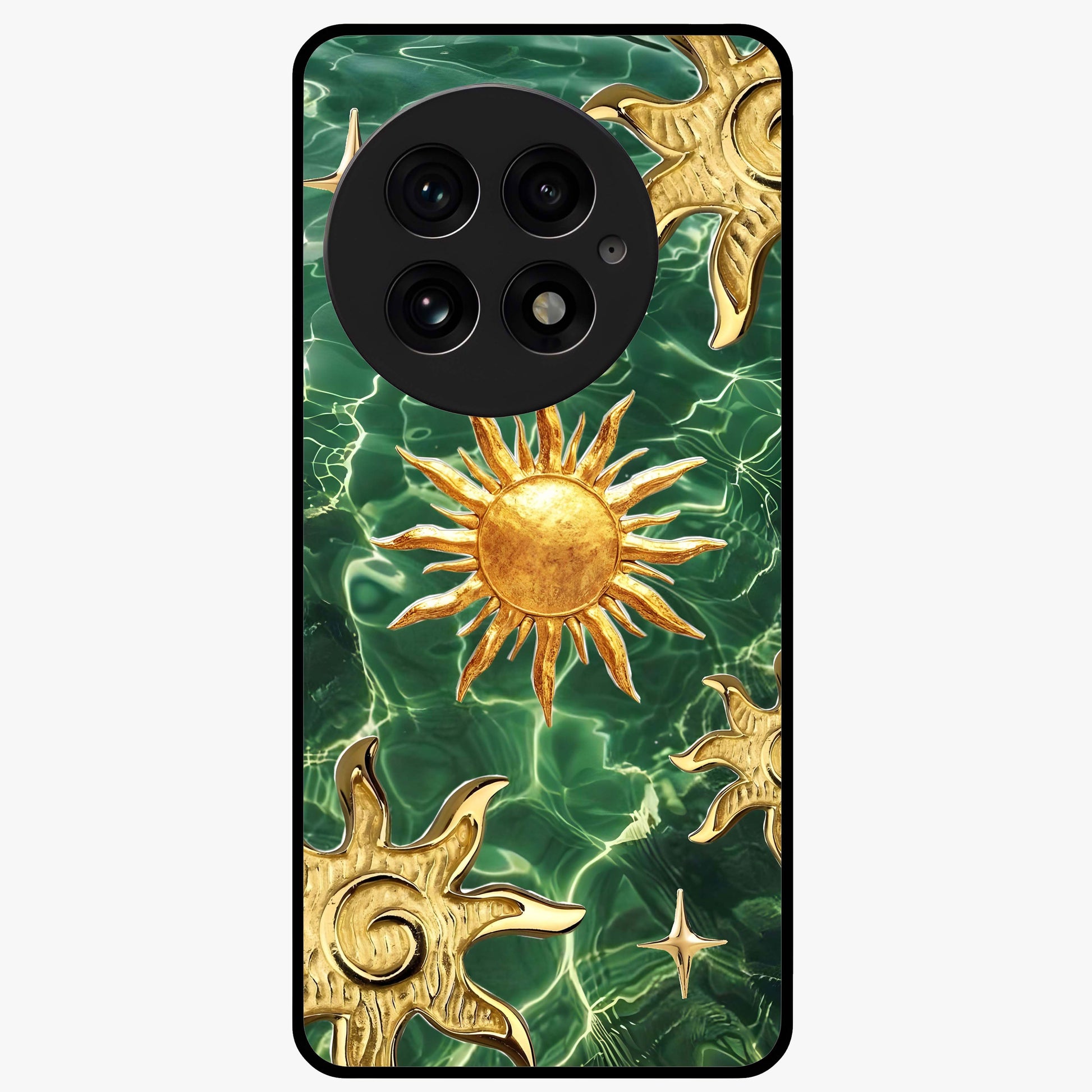 Aqua Sun Mirage Glass Case for 1+13 vibrant front view featuring aqua blue sun inspired artwork