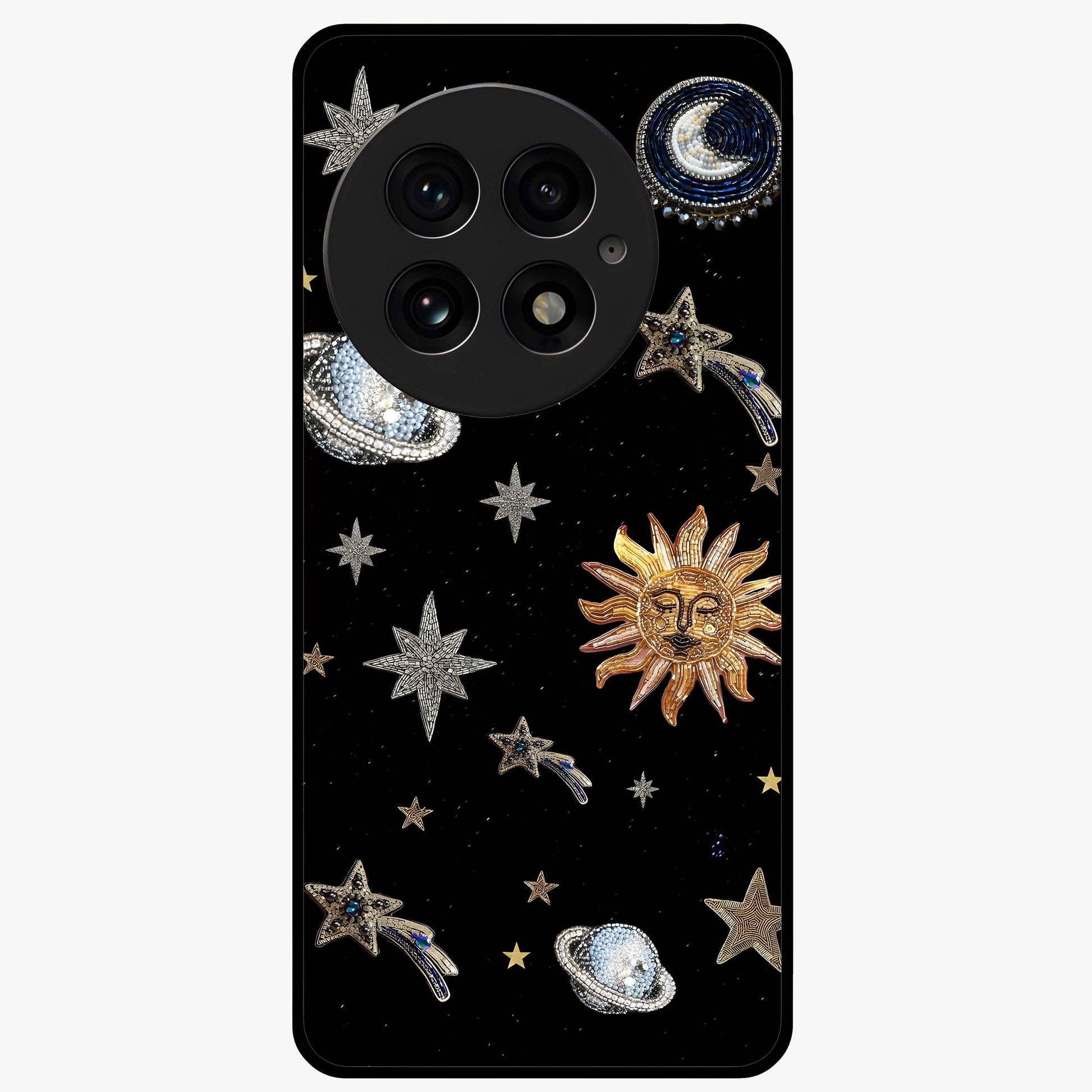 Beaded Cosmic Dreams Glass Case for 1+13 front view featuring celestial bead inspired cosmic artwork
