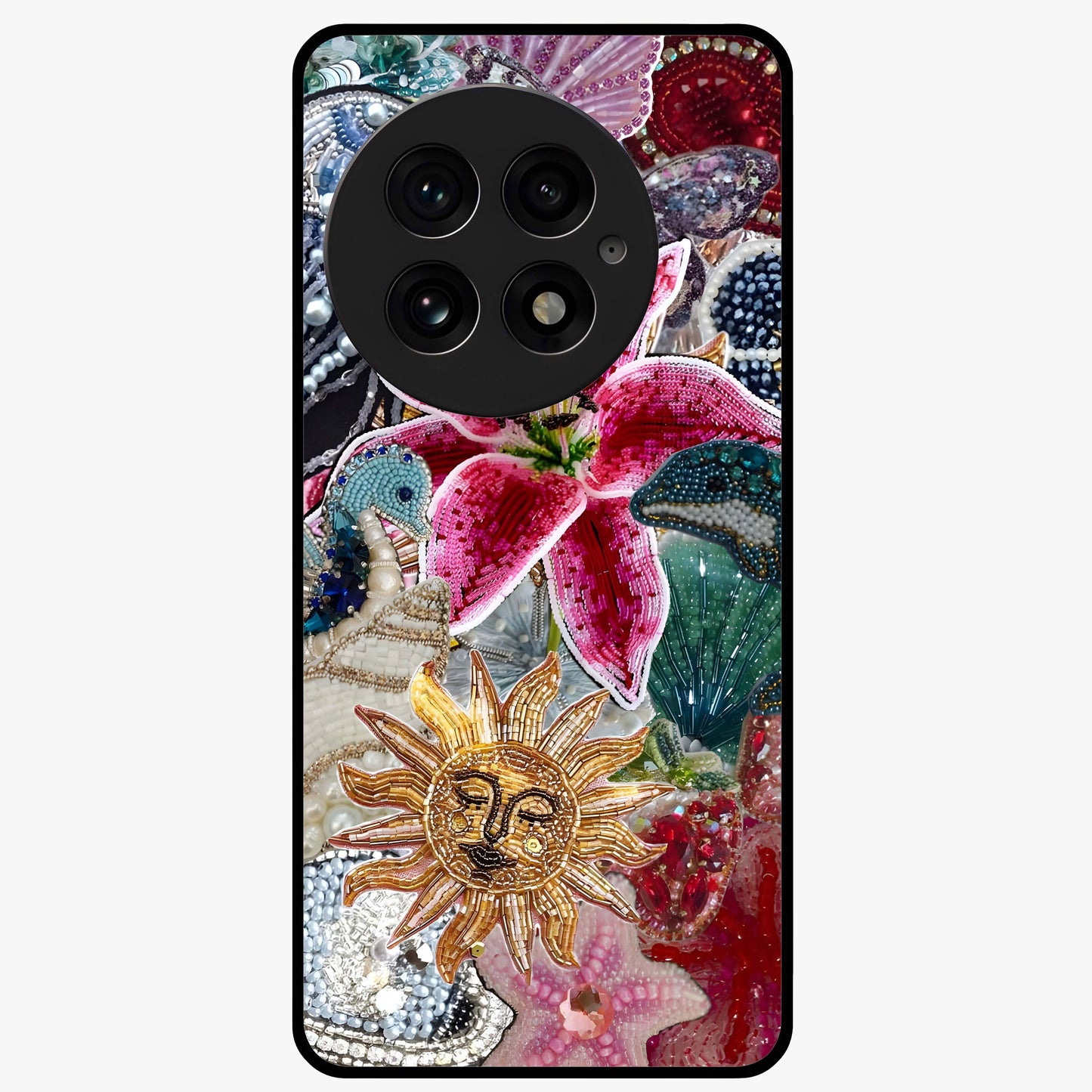 Beaded Garden Fantasy Glass Case for 1+13 front view featuring colorful beaded floral garden artwork