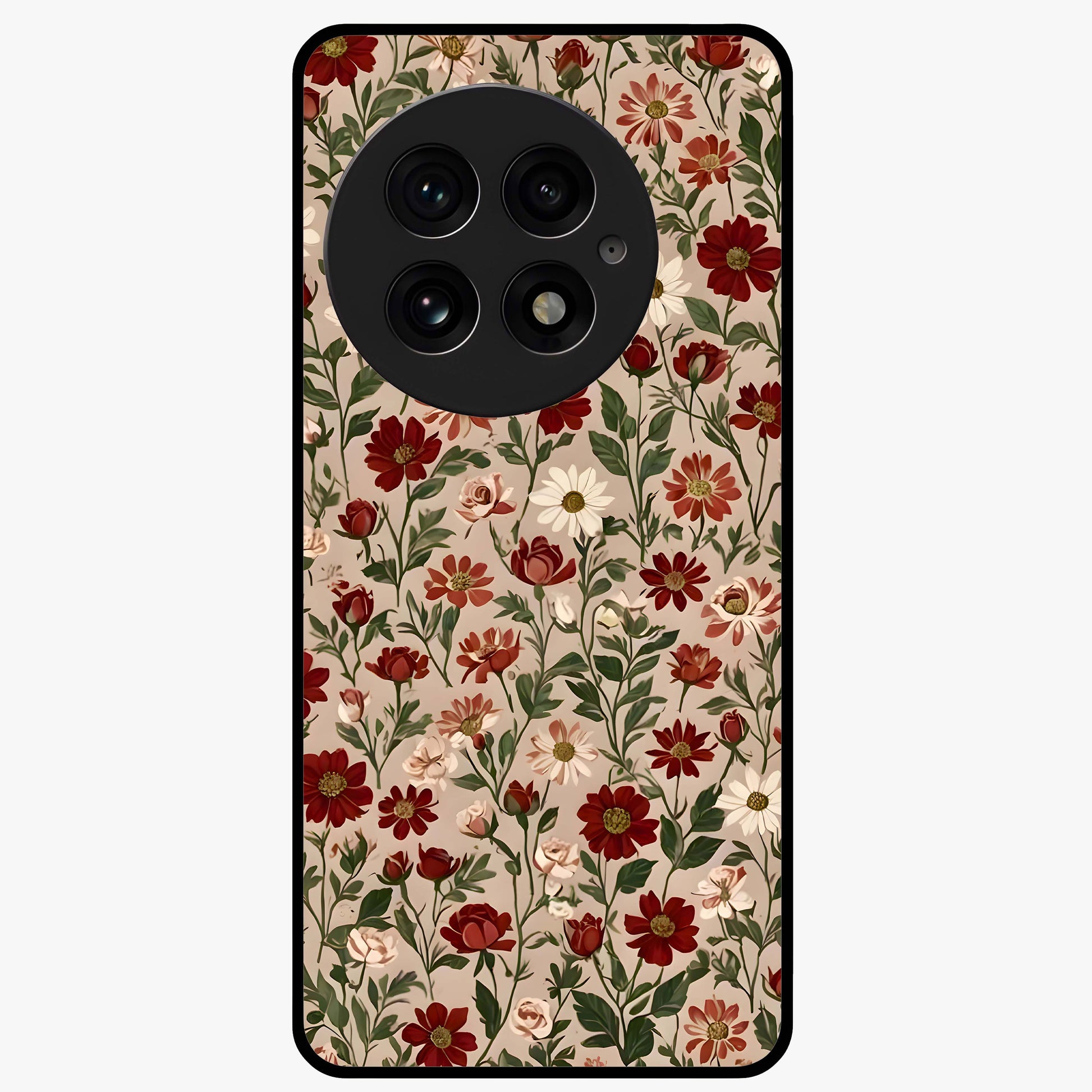 Biege Flower With Leaf Glass Case for 1+13 front view featuring soft beige floral artwork with leaf detailing