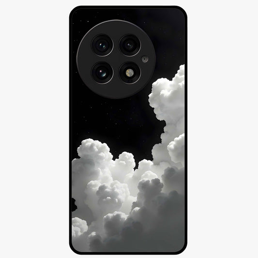 Black Background With White Cloud Glass Case for 1+13 striking front view featuring white cloud artwork on deep black backdrop