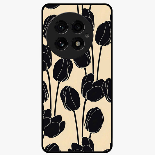 Black Designer Tulip Glass Case for 1+13 elegant front view featuring refined tulip artwork on black background