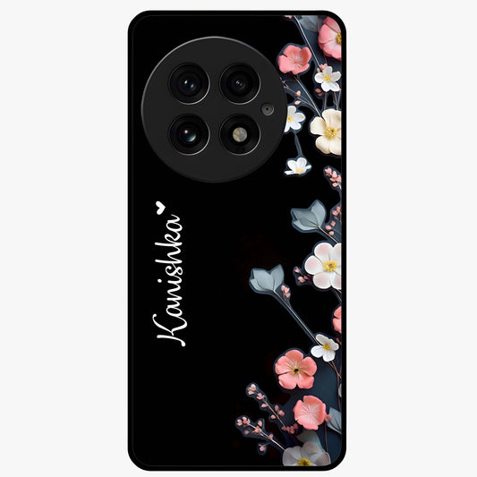 Black Elegance Floral Custom Name Glass Case for 1+13 luxurious front view featuring floral artwork with personalized name design