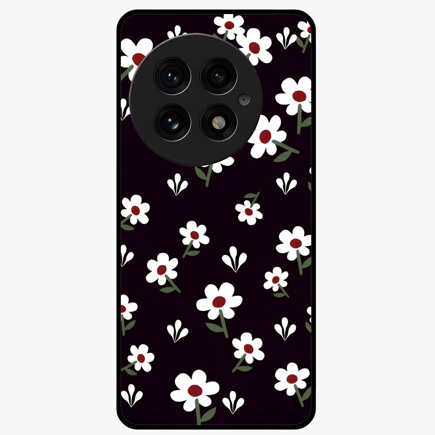 Black Prints Daisy Flower Pattern Glass Case for 1+13 front view featuring white daisy floral artwork on black base
