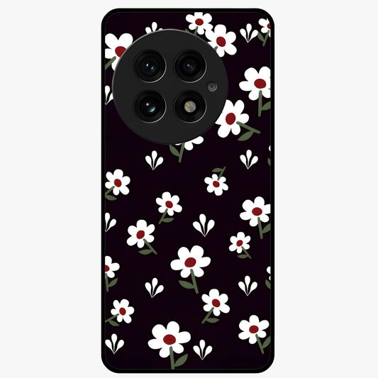 Black Prints Daisy Flower Pattern Glass Case for 1+13 front view featuring white daisy floral artwork on black base