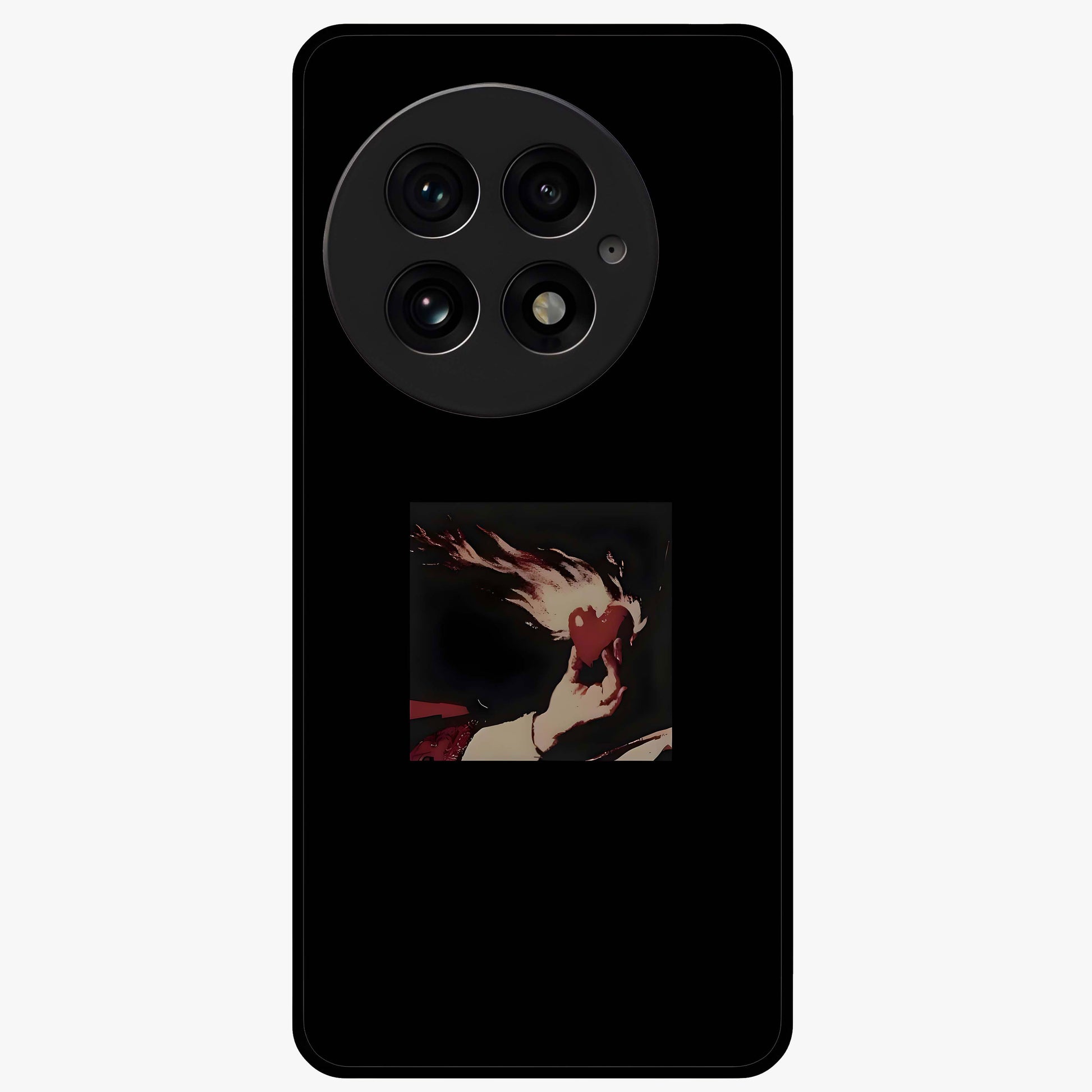 Blazing Heart Faith Glass Case for 1+13 showing full back design in clean flat view with fiery heart artwork and glossy glass finish.