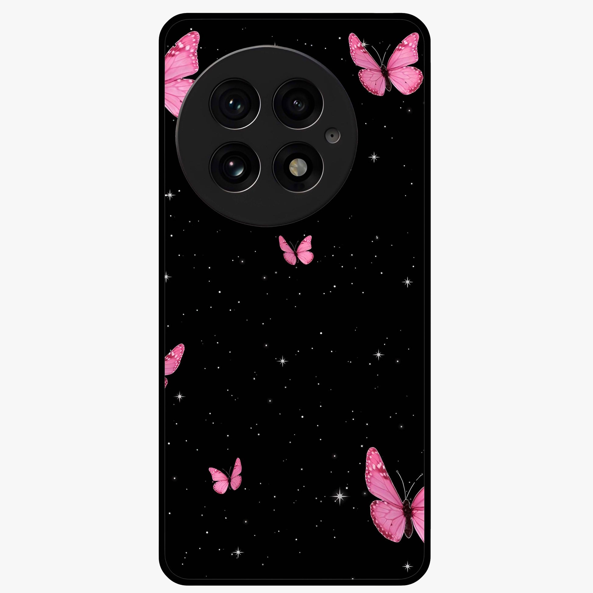 Blinking Butterfly Glass Case for 1+13 showing full back design in clean flat view with delicate butterfly artwork and glossy glass finish.