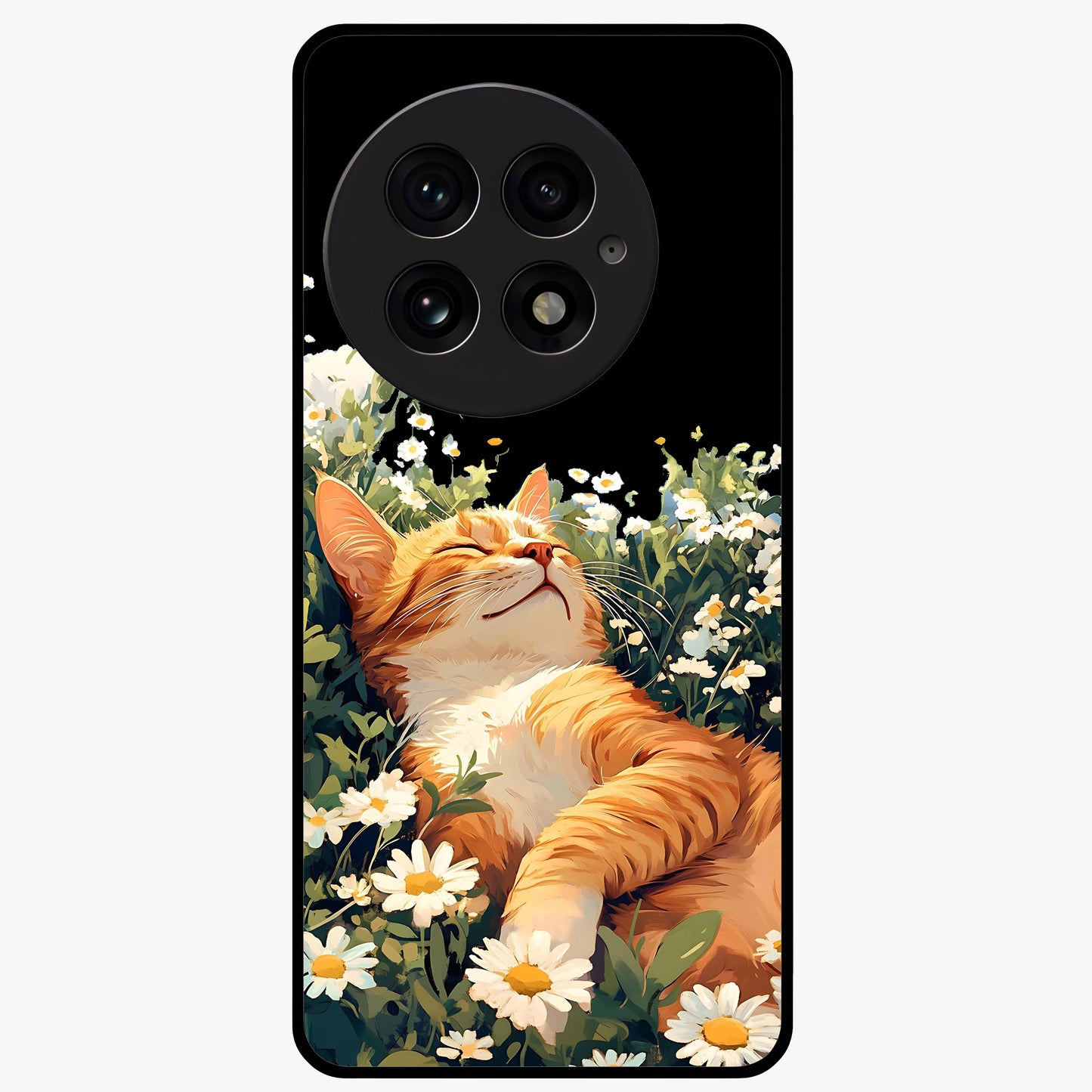 Blissful Bloom Cat Glass Case for 1+13 charming front view featuring floral cat artwork with soft aesthetic tones