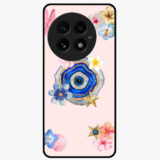Blossom Evil Charm Glass Case for 1+13 elegant front view featuring floral evil eye inspired artwork