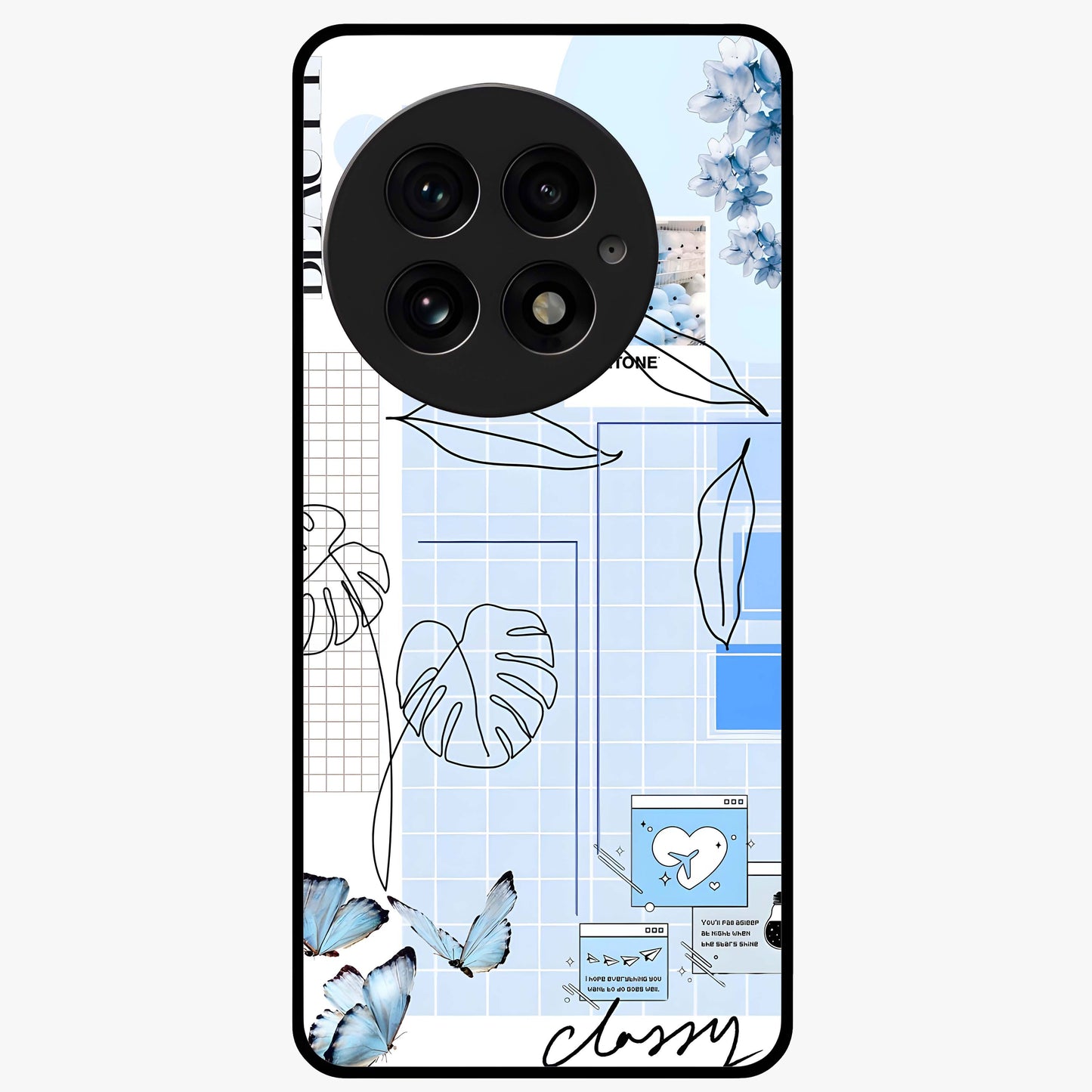 Blue Aesthetic Flower Glass Case for 1+13 elegant front view featuring soft blue floral artwork