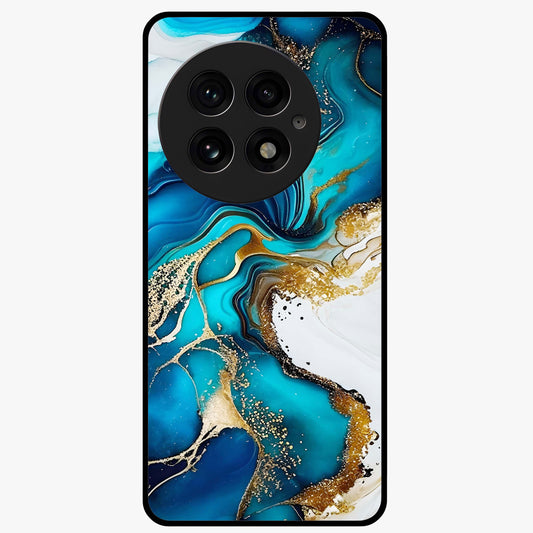 Blue and White Marble With Golden Viens Art Glass Case for 1+13 luxurious front view featuring marble texture with golden vein detailing