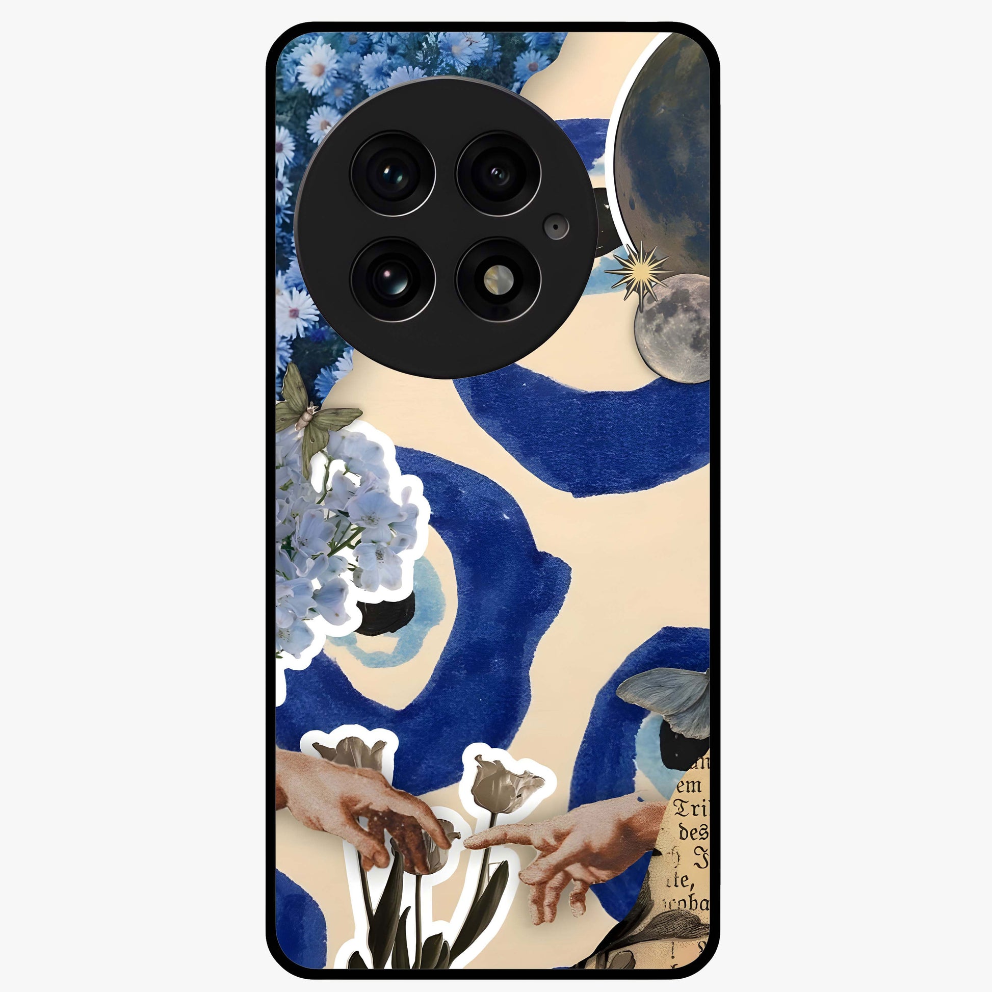 Blue Evil Divine Glass Case for 1+13 bold front view featuring vibrant evil eye artwork with divine aesthetic tones