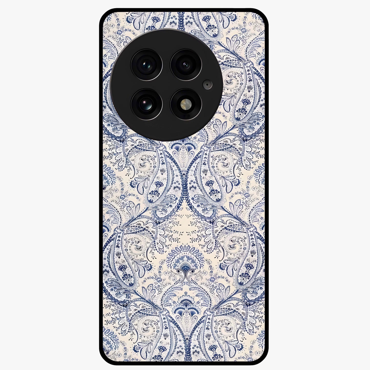 Blue Paisley Bloom Glass Case for 1+13 intricate front view featuring paisley floral artwork in rich blue tones