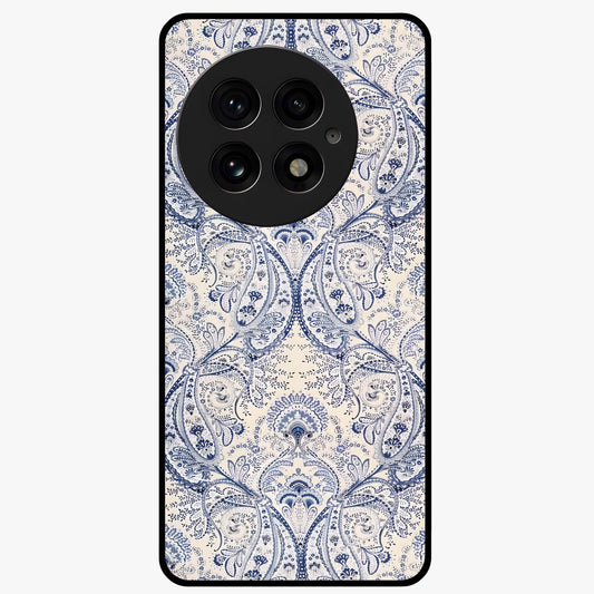 Blue Paisley Bloom Glass Case for 1+13 intricate front view featuring paisley floral artwork in rich blue tones