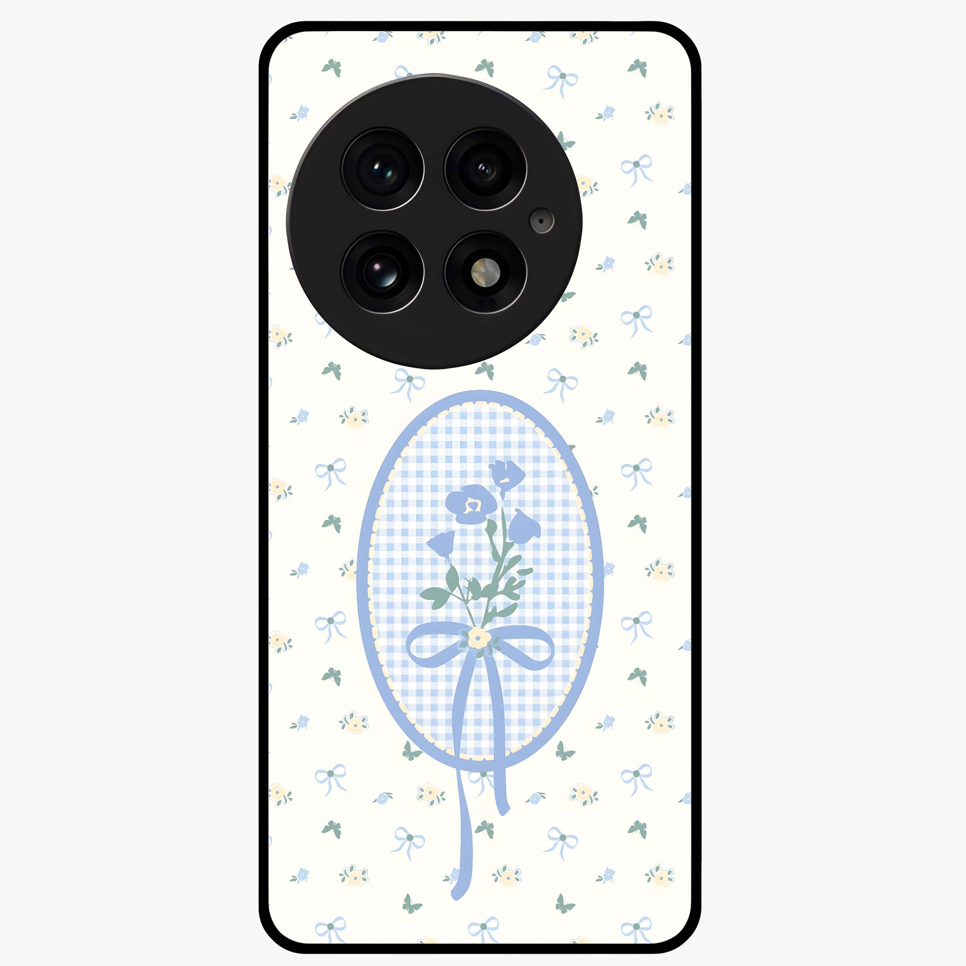 Blue Ribbon Bloom Glass Case for 1+13 elegant front view featuring soft floral artwork with ribbon accents