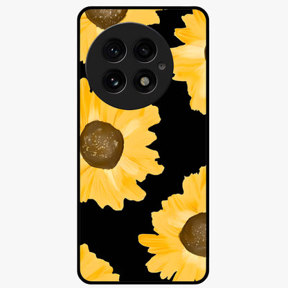 Bold Sunflowers Glow Glass Case for 1+13 vibrant front view featuring radiant sunflower artwork with warm golden tones