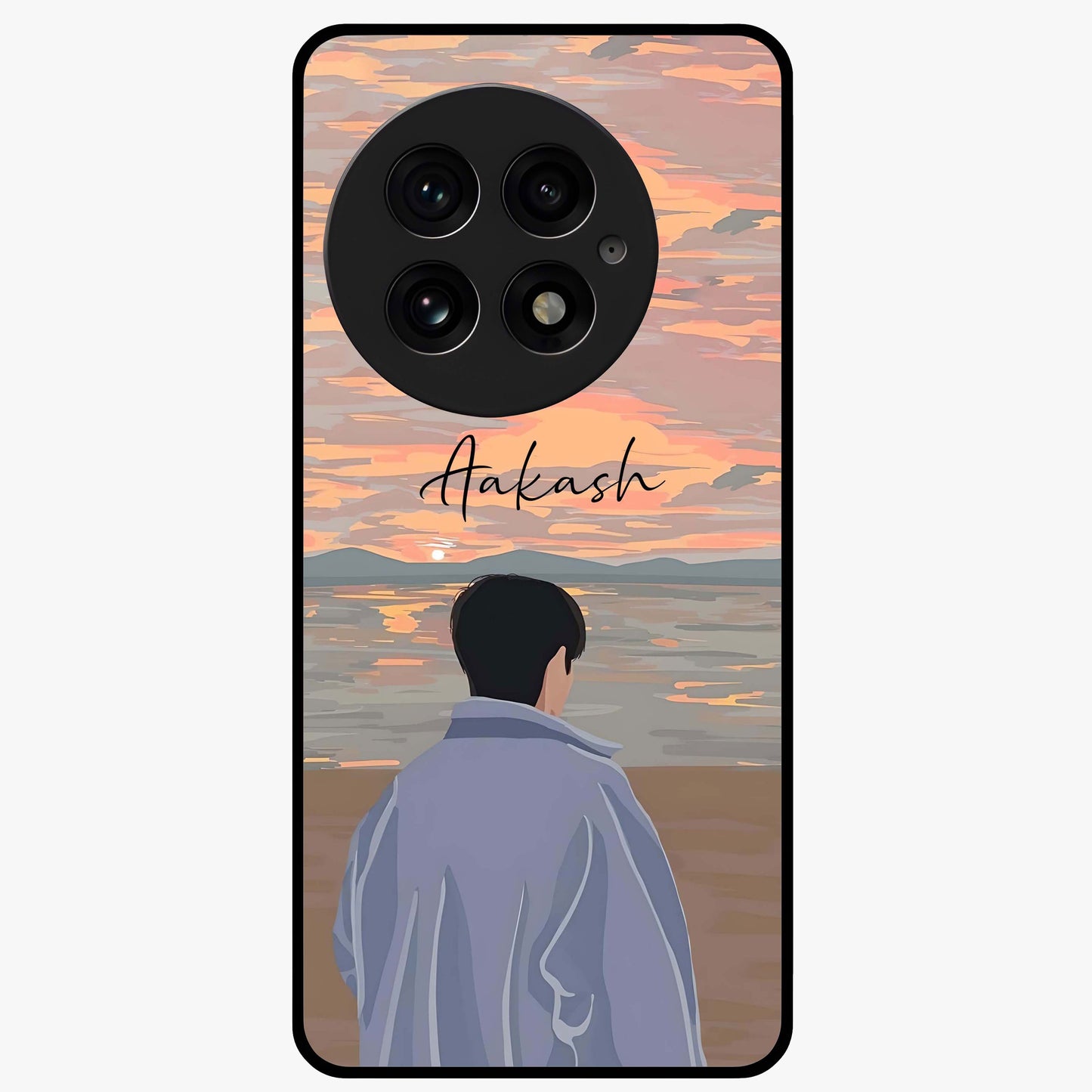 Boy Facing Sunset Beach Glass Case for 1+13 scenic front view featuring silhouette artwork against glowing sunset sky