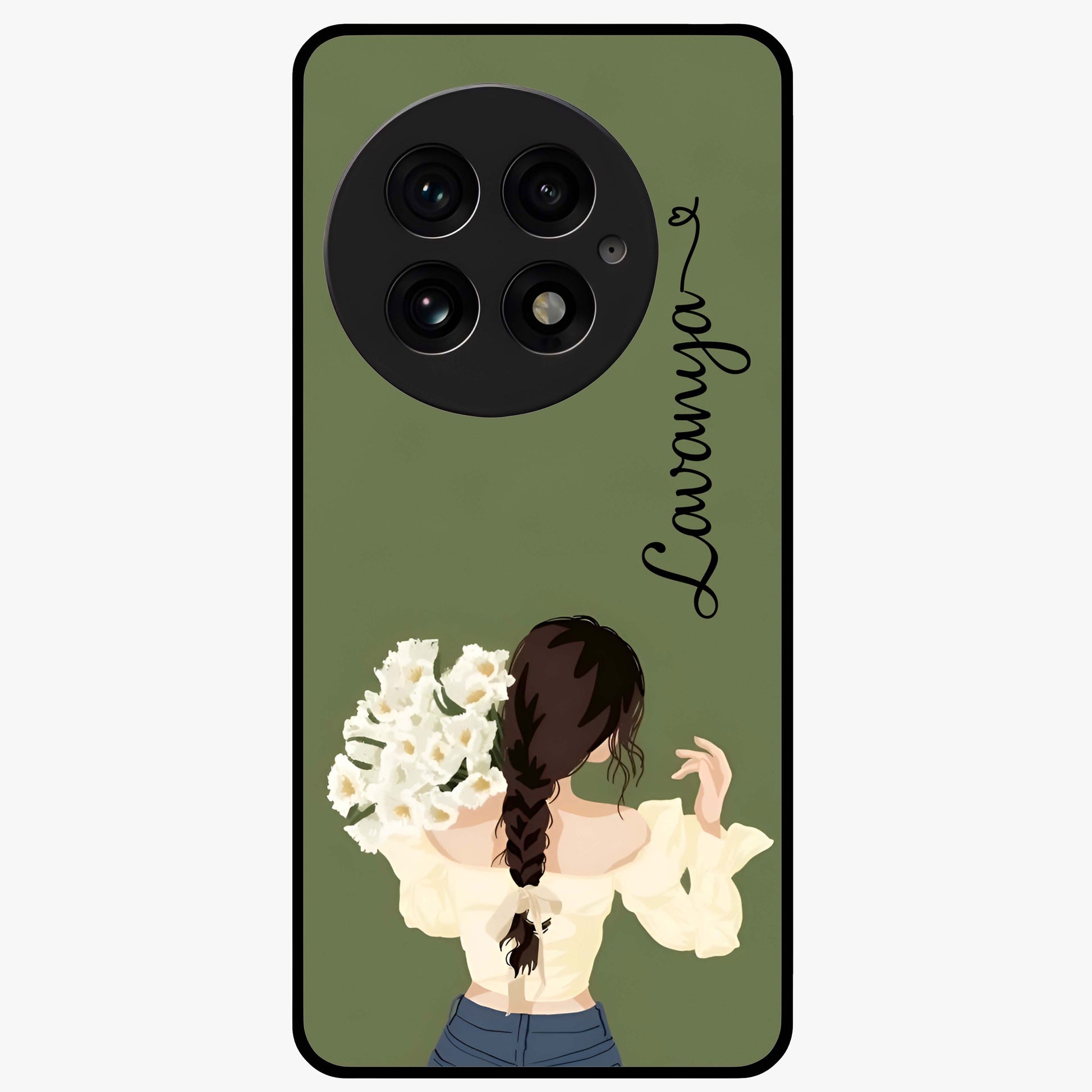 Braided Spring Beauty With Custom Name Glass Case for 1+13 elegant front view featuring braided floral artwork with personalized name design