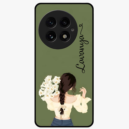 Braided Spring Beauty With Custom Name Glass Case for 1+13 elegant front view featuring braided floral artwork with personalized name design
