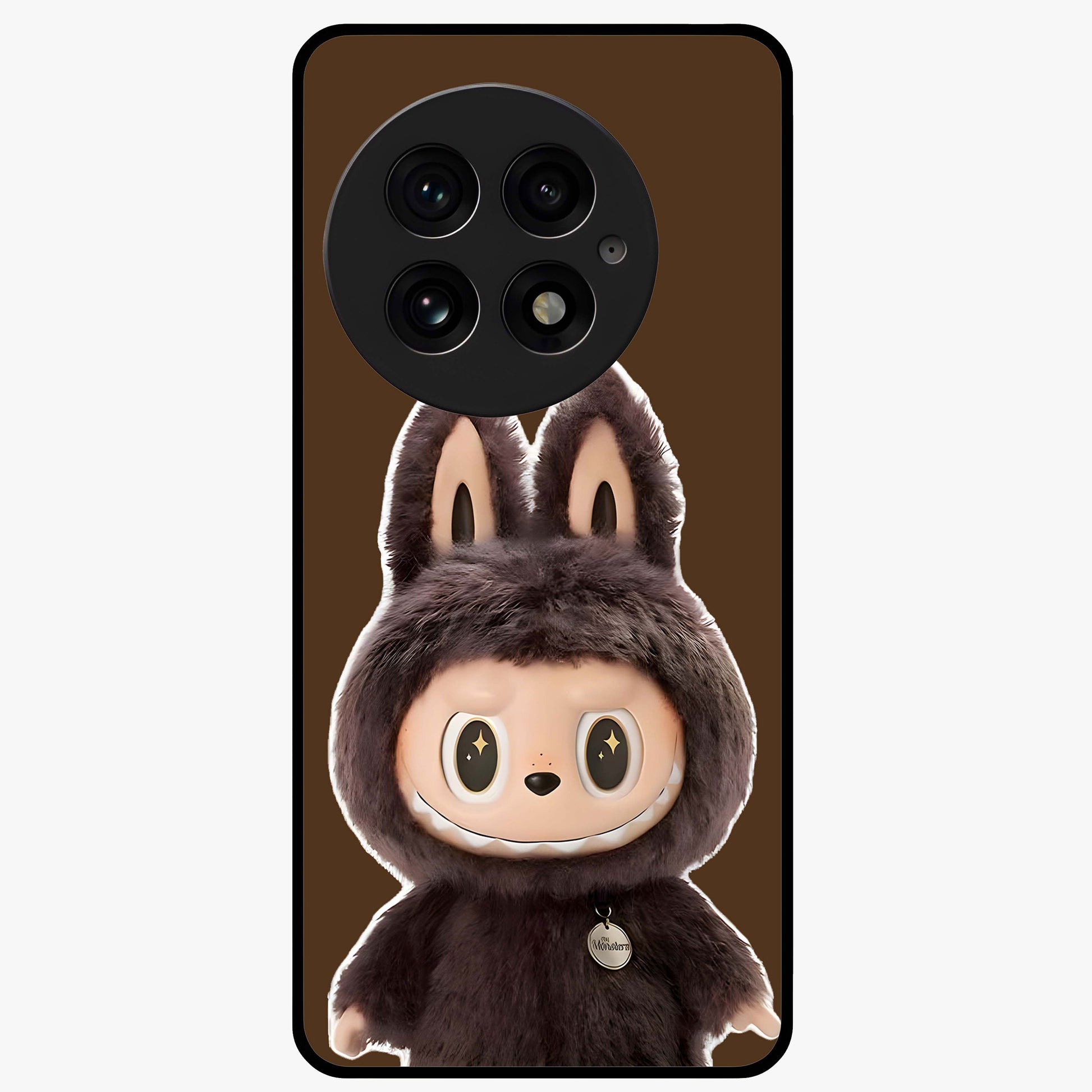 Brown Labubu Design Glass Case for 1+13 cute front view featuring playful Labubu character artwork in warm brown tones