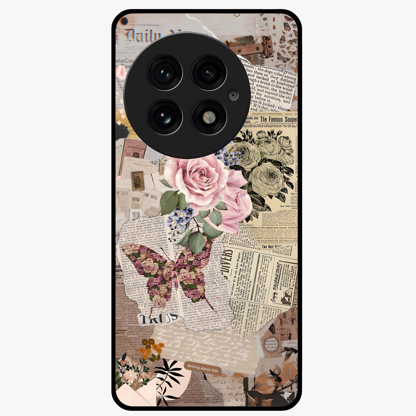 Butterfly News Bloom Glass Case for 1+13 artistic front view featuring blooming floral and butterfly themed artwork