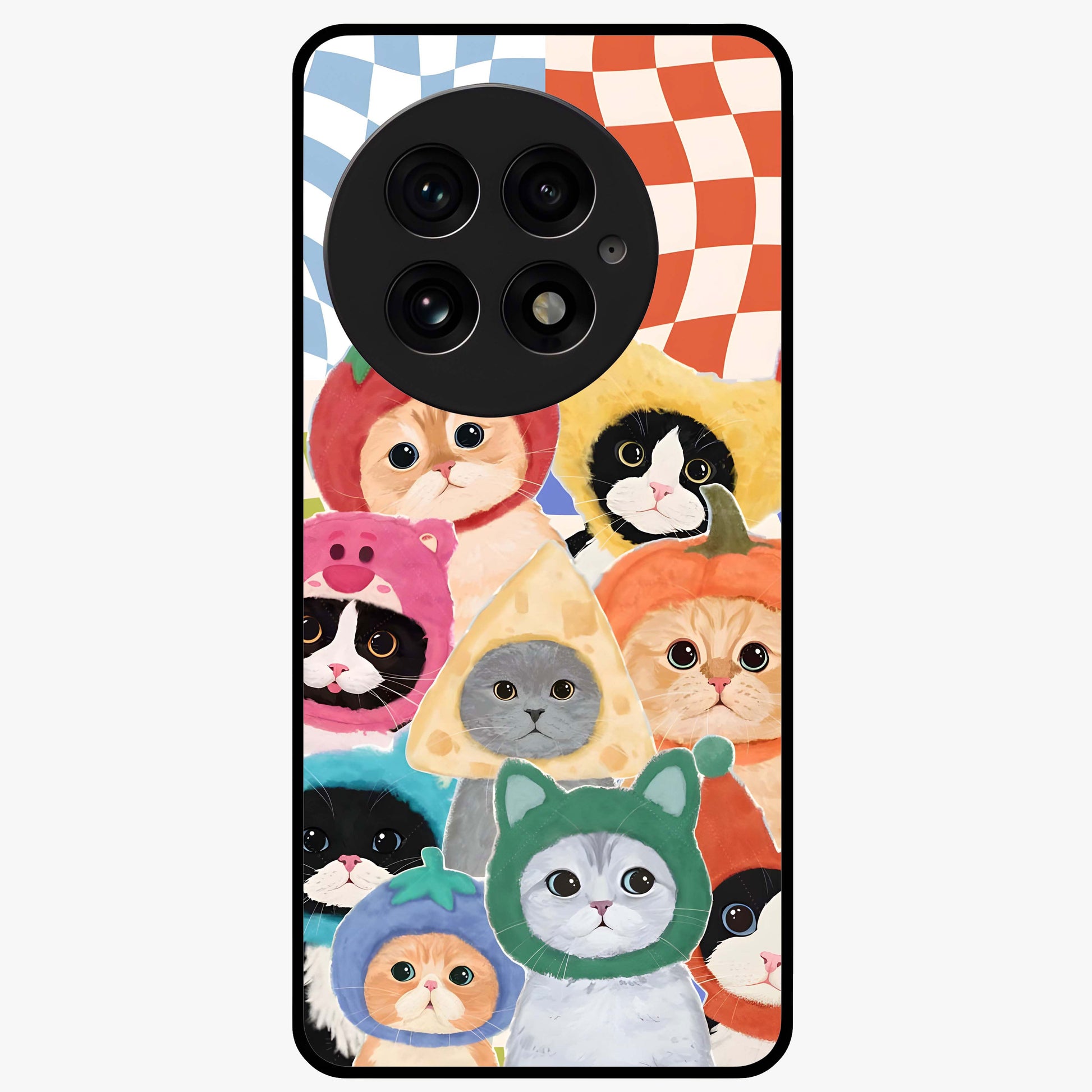Cats in Fruits Glass Case for 1+13 playful front view featuring cute cat illustrations with vibrant fruit artwork