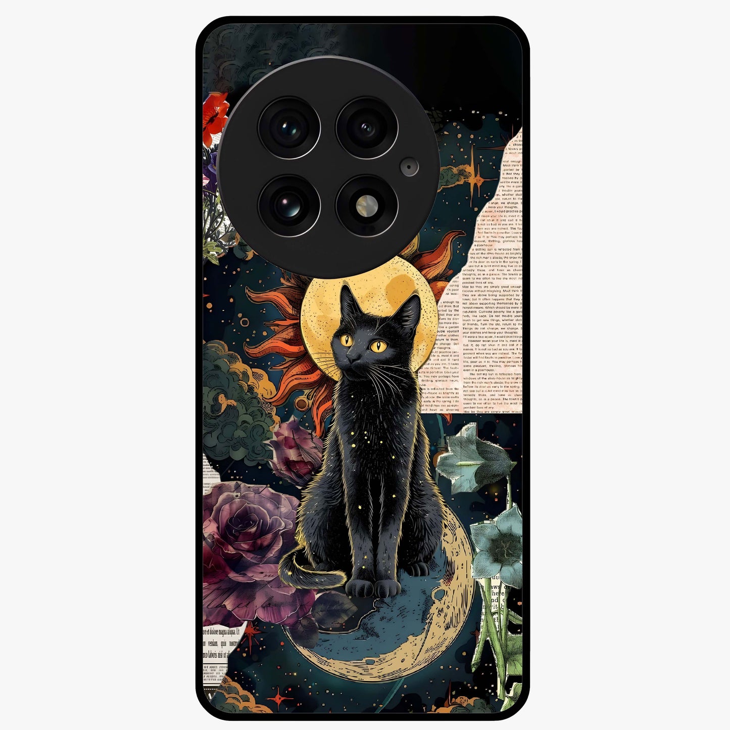 Celestial Black Cat Glass Case for 1+13 mystical front view featuring black cat artwork with cosmic background