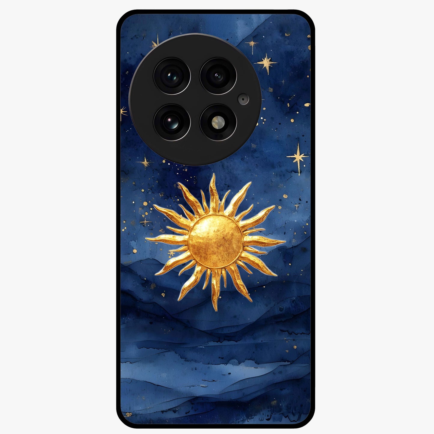 Celestial Blue Glow Glass Case for 1+13 radiant front view featuring glowing blue cosmic artwork