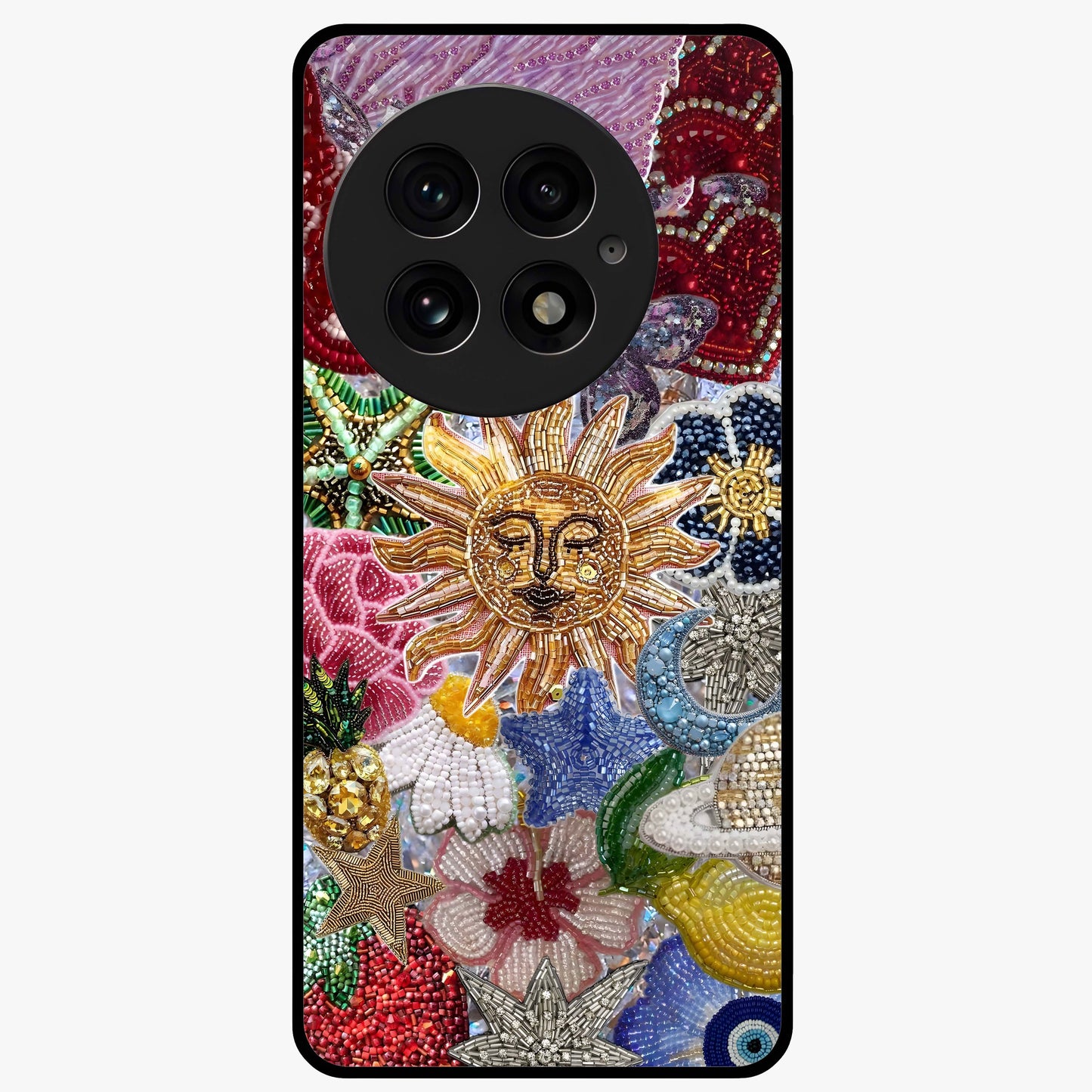 Celestial Floral and Playful Glass Case for 1+13 vibrant front view featuring floral artwork blended with cosmic elements