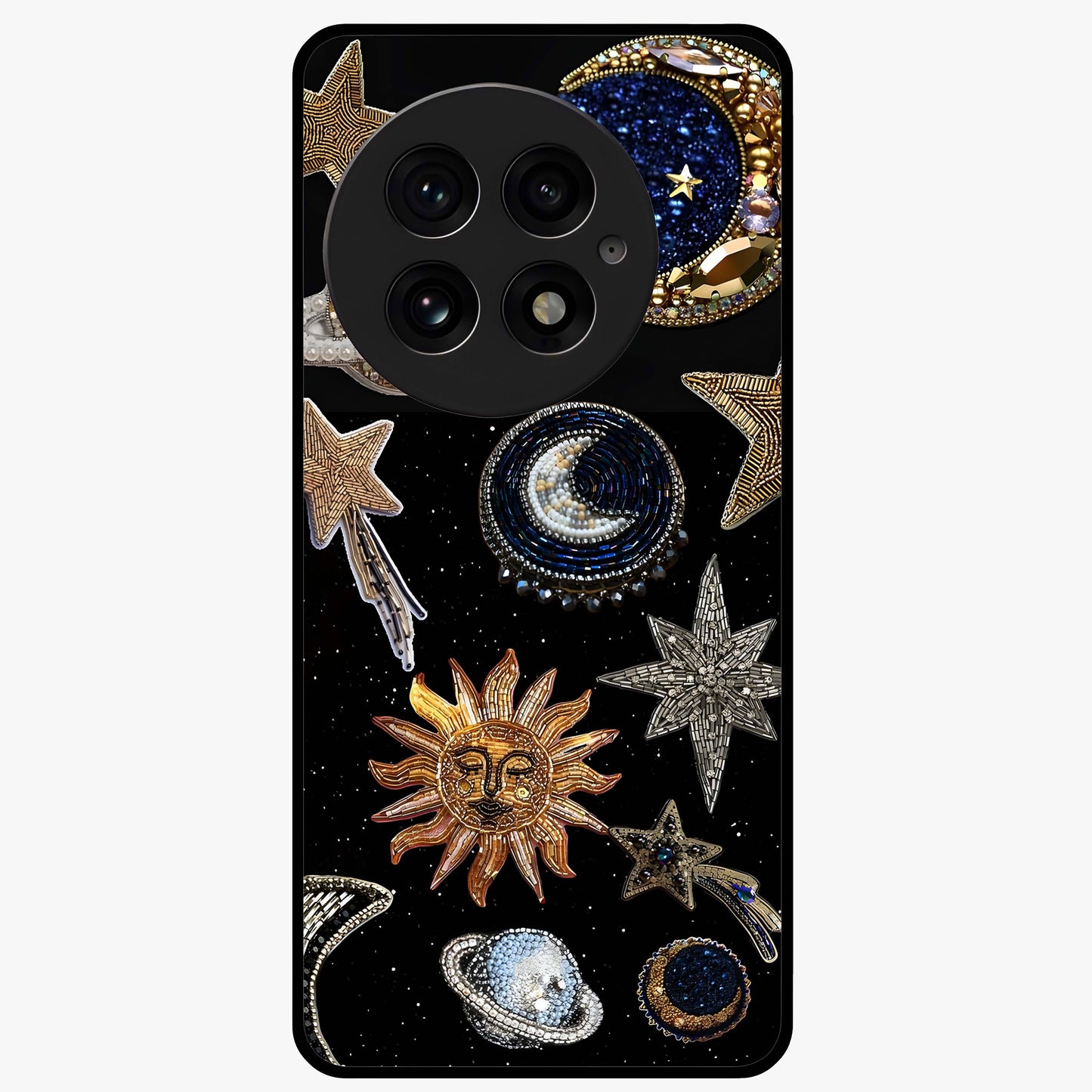 Celestial Gem Constellations Glass Case for 1+13 elegant front view featuring gemstone inspired constellation artwork