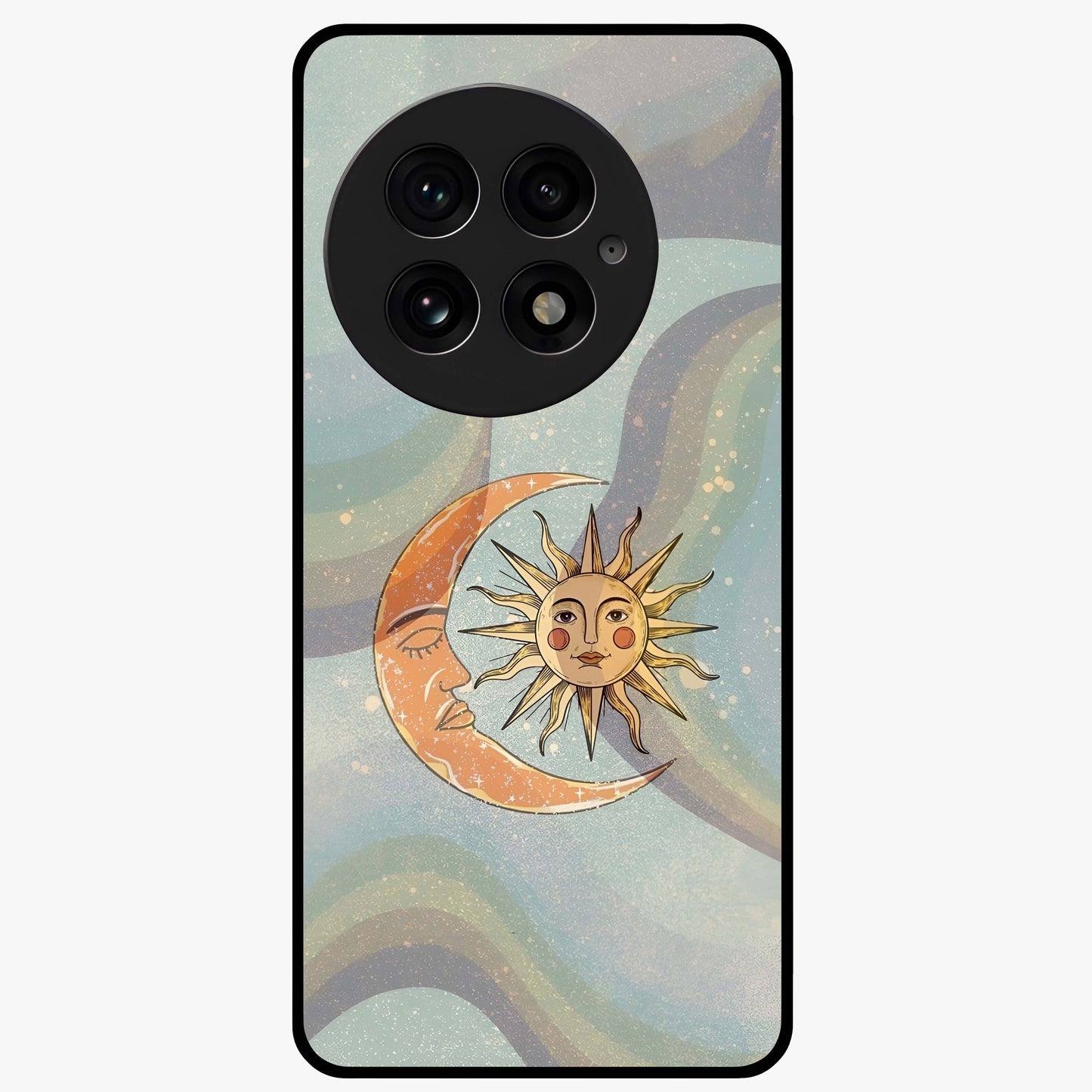 Celestial Harmony Vibes Glass Case for 1+13 serene front view featuring balanced cosmic artwork with calming tones