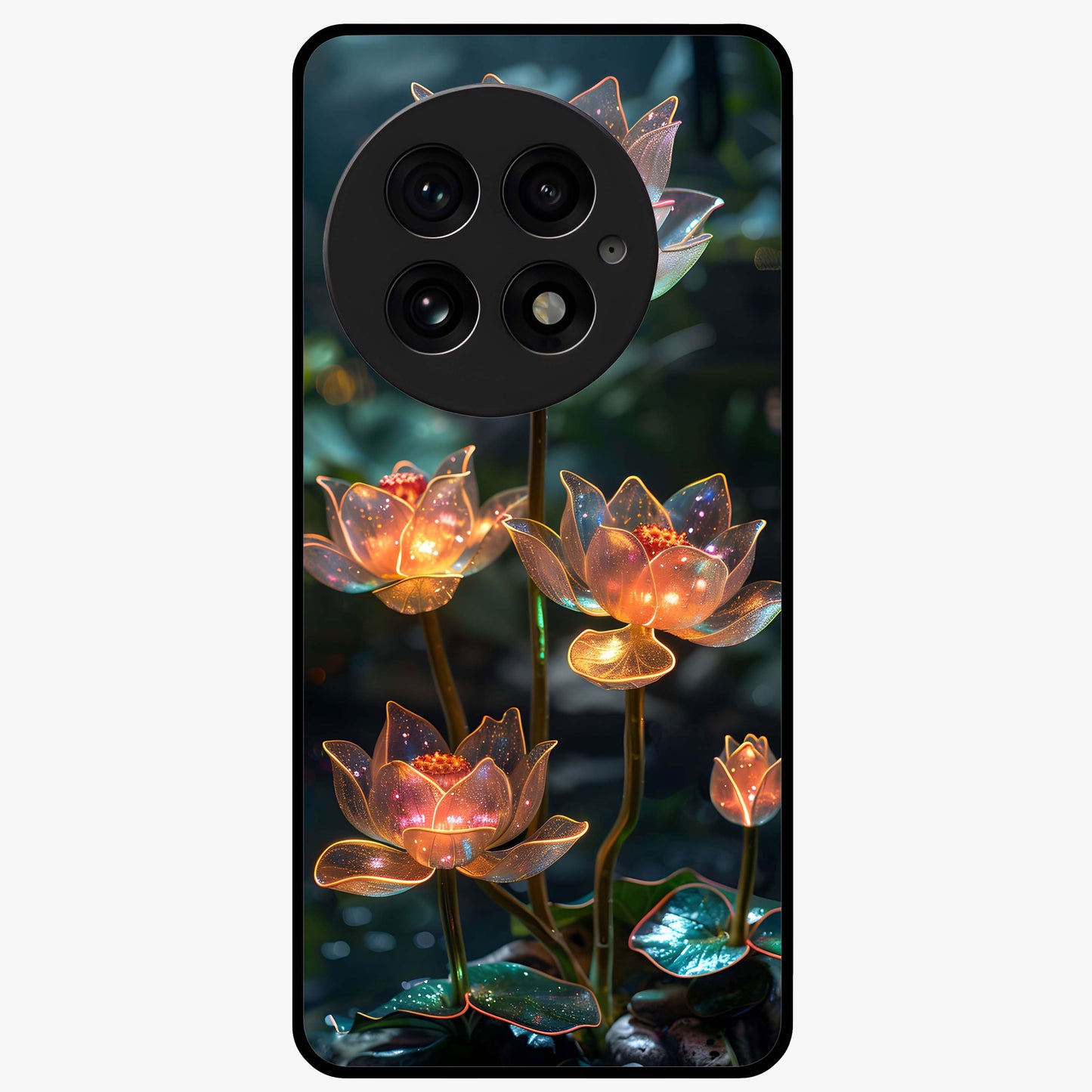 Celestial Lotus Light Glass Case for 1+13 peaceful front view featuring glowing lotus artwork with cosmic backdrop