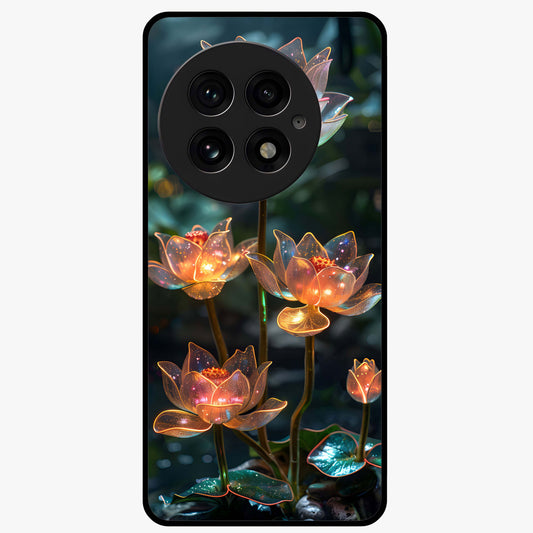 Celestial Lotus Light Glass Case for 1+13 peaceful front view featuring glowing lotus artwork with cosmic backdrop