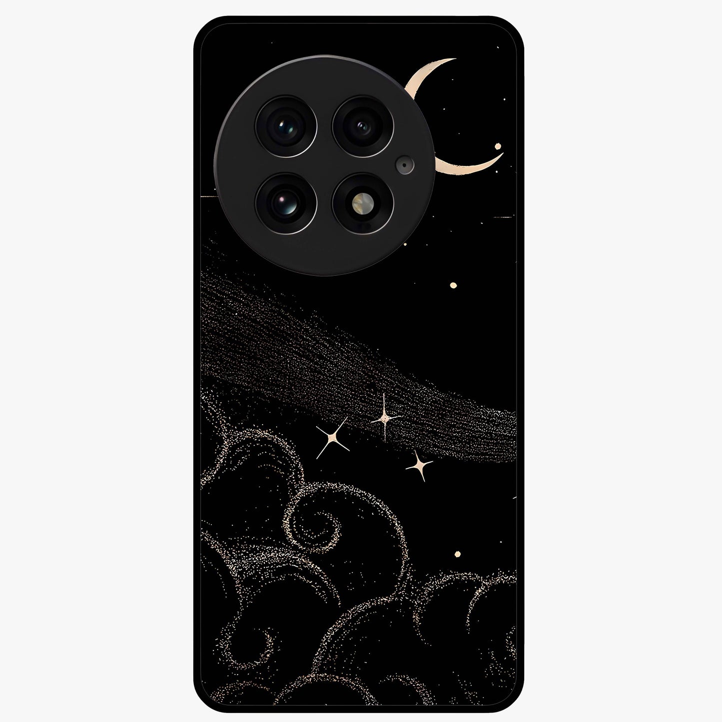 Celestial Midnight Veil Glass Case for 1+13 dramatic front view featuring deep midnight sky artwork