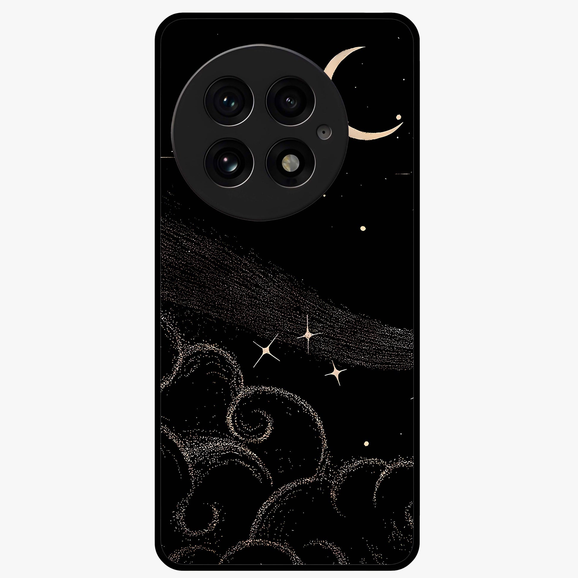 Celestial Midnight Veil Glass Case for 1+13 dramatic front view featuring deep midnight sky artwork