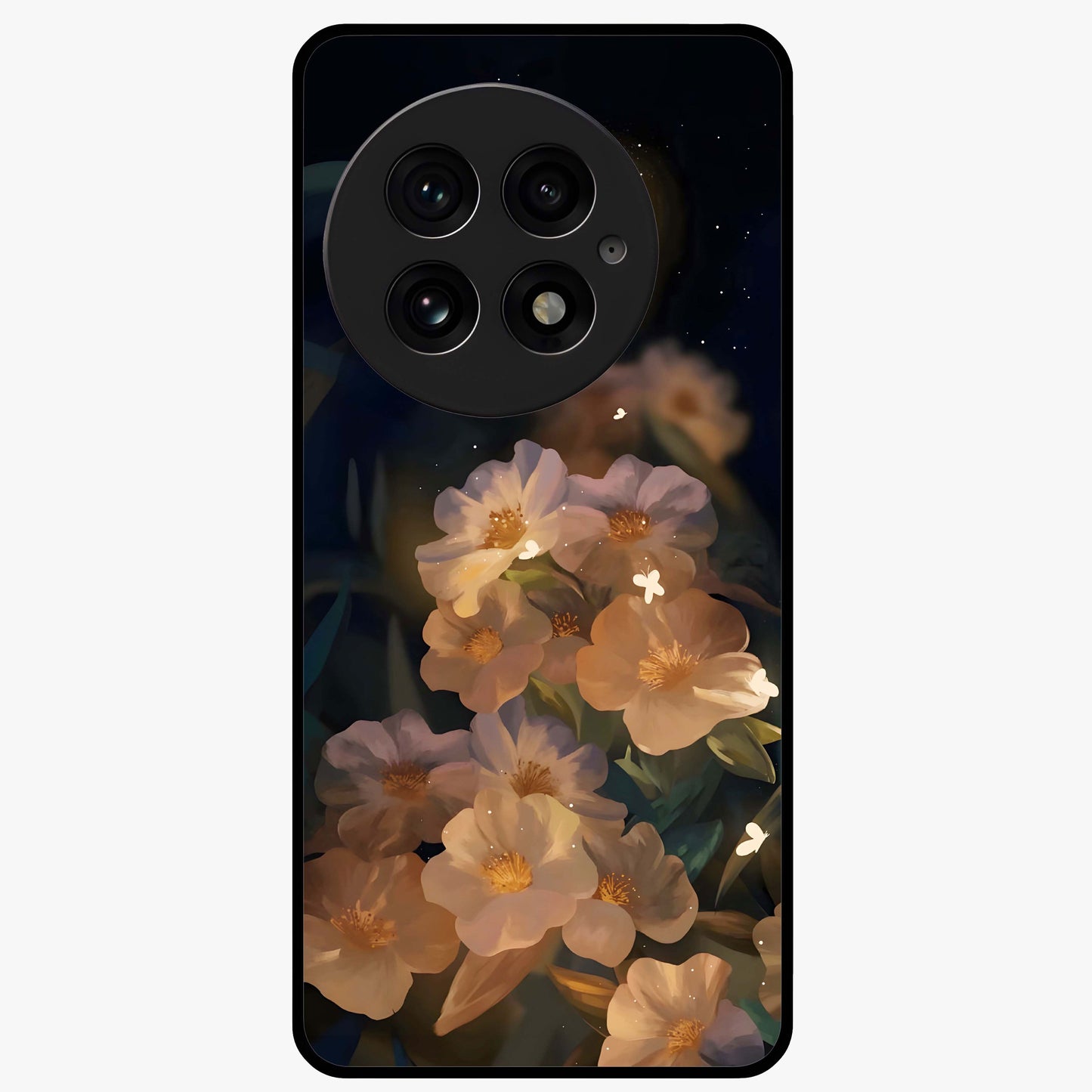 Celestial Petal Night Glass Case for 1+13 elegant front view featuring floral petals against dark night sky tones
