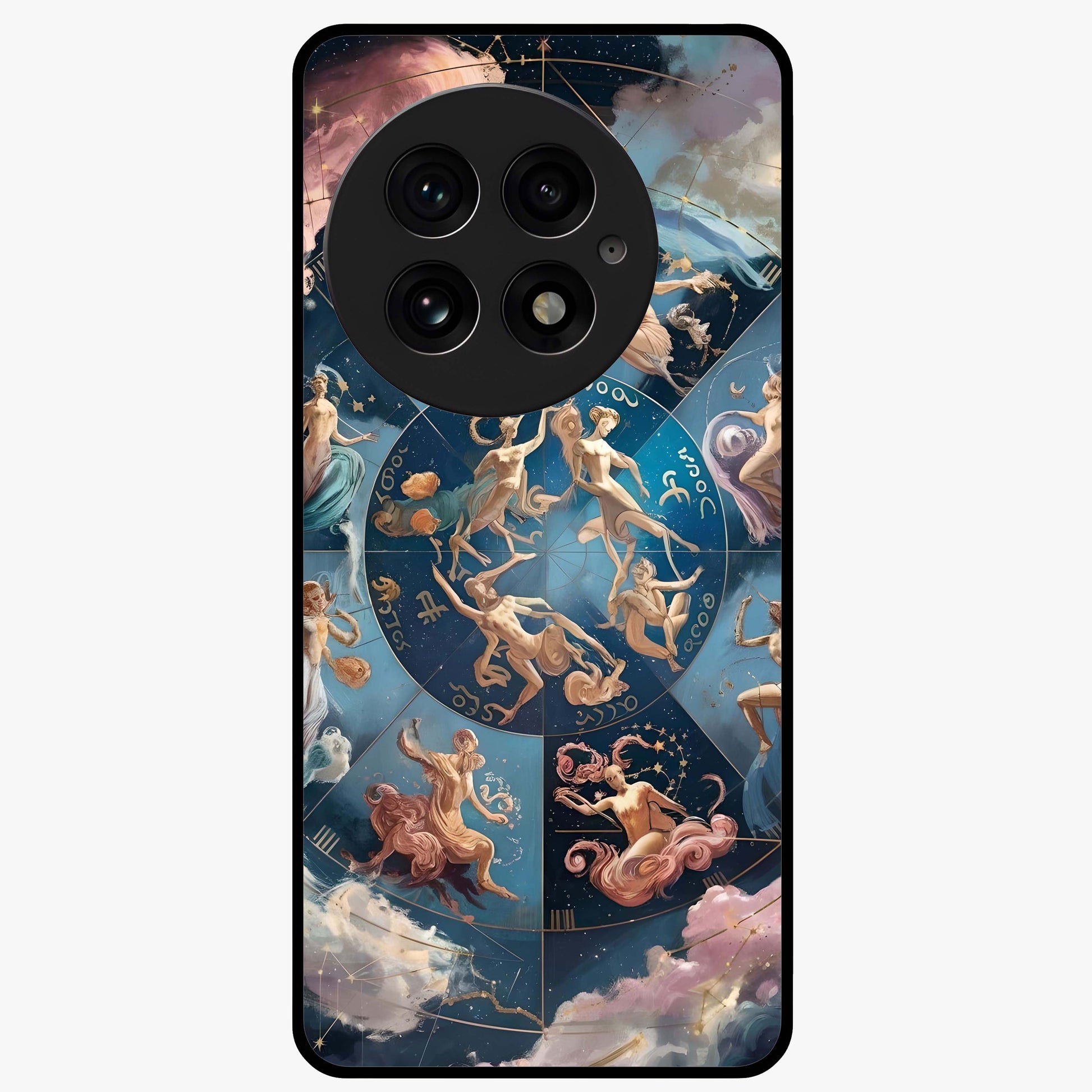 Celestial Signs Dance Glass Case for 1+13 artistic front view featuring zodiac inspired celestial symbol artwork