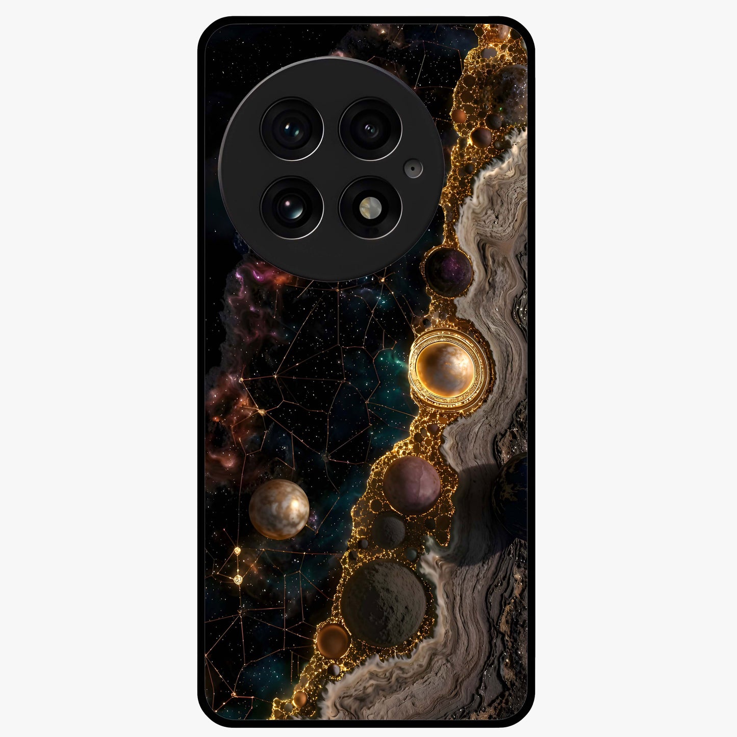 Cosmic Gold Path Glass Case for 1+13 luxurious front view featuring golden pathway artwork against cosmic backdrop