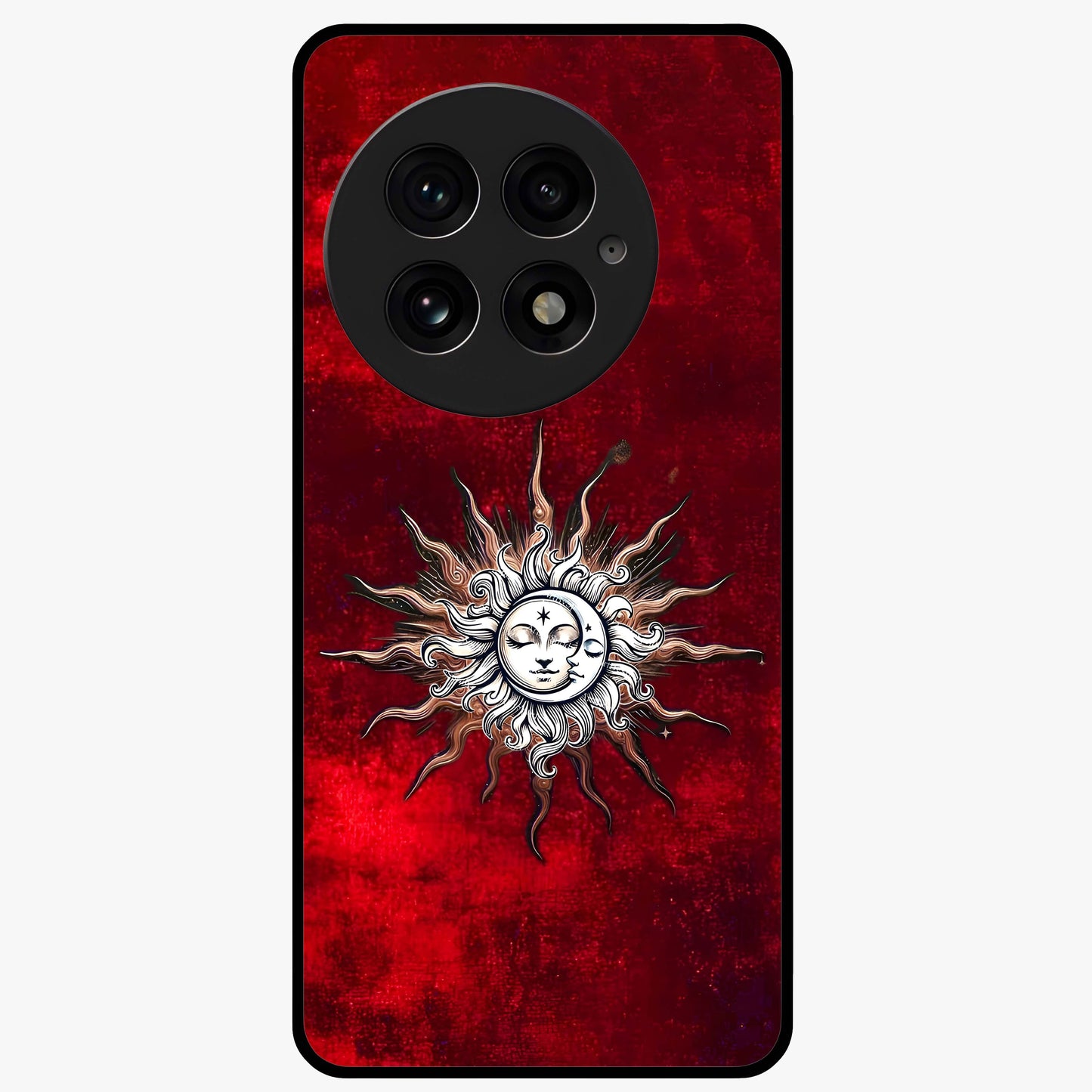 Cosmic Twin Eclipse Glass Case for 1+13 dramatic front view featuring dual eclipse artwork with deep space tones