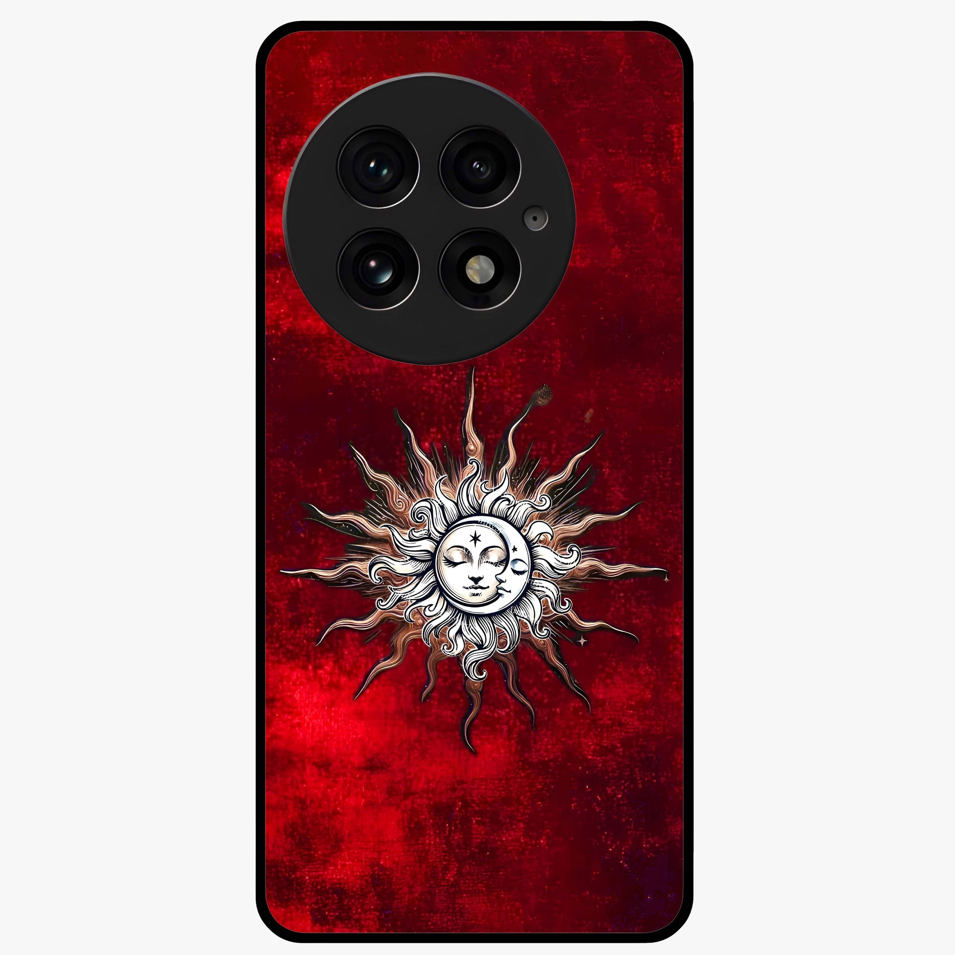 Cosmic Twin Eclipse Glass Case for 1+13 dramatic front view featuring dual eclipse artwork with deep space tones