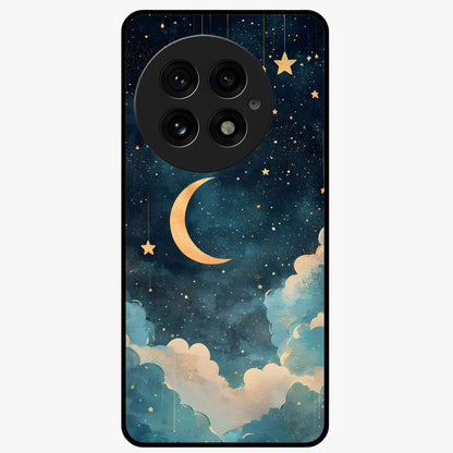 Crescent Galaxy Moon Glass Case for 1+13 mystical front view featuring crescent moon artwork with cosmic background