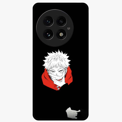 Crimson Chaos Smile Glass Case for 1+13 bold front view featuring edgy smile artwork in deep crimson tones