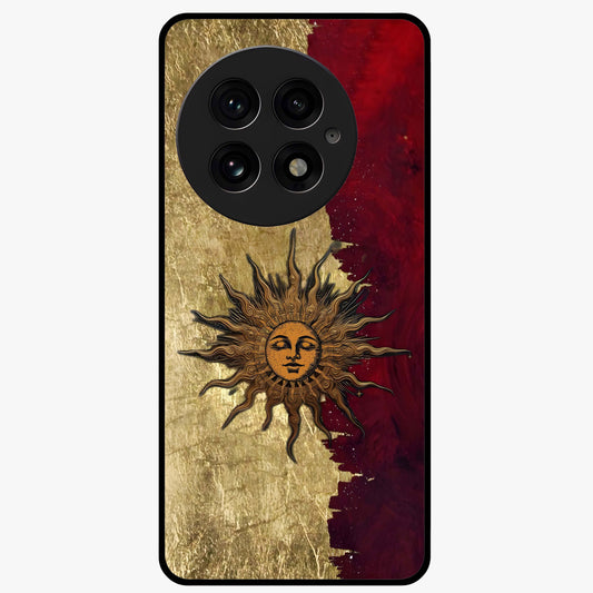Crimson Sun Majesty Glass Case for 1+13 radiant front view featuring glowing sun artwork in deep red hues