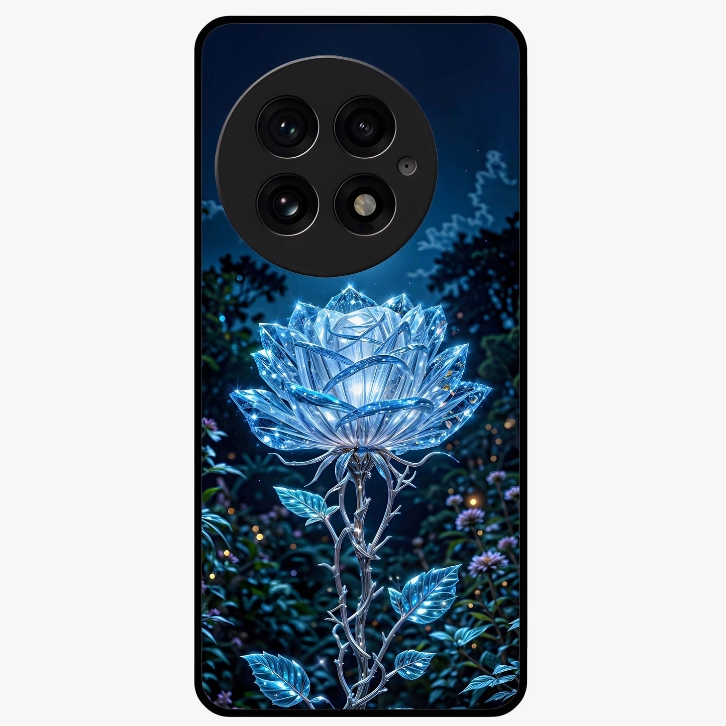 Crystal Moon Lotus Glass Case for 1+13 serene front view featuring glowing lotus artwork under crystal moonlight